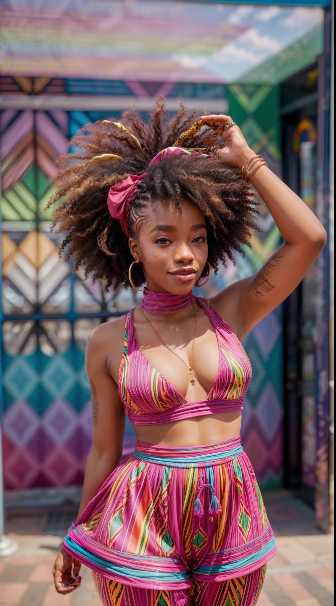 Outfit: A chic and stylish jumpsuit, representing South Africa's contemporary fashion scene.
Props: A Djembe drum, symbolizing the vibrant music and dance culture of South Africa.
Makeup: Natural and radiant makeup with a touch of bronzer, reflecting the country's sunny climate.
Hairstyle: A natural afro hairstyle, celebrating the beauty of African hair textures.
Expression: A joyful and lively expression, embodying the spirit of Ubuntu, the South African philosophy of interconnectedness.
Background Design: A backdrop showcasing the iconic Table Mountain in Cape Town, representing South Africa's stunning natural landscapes.