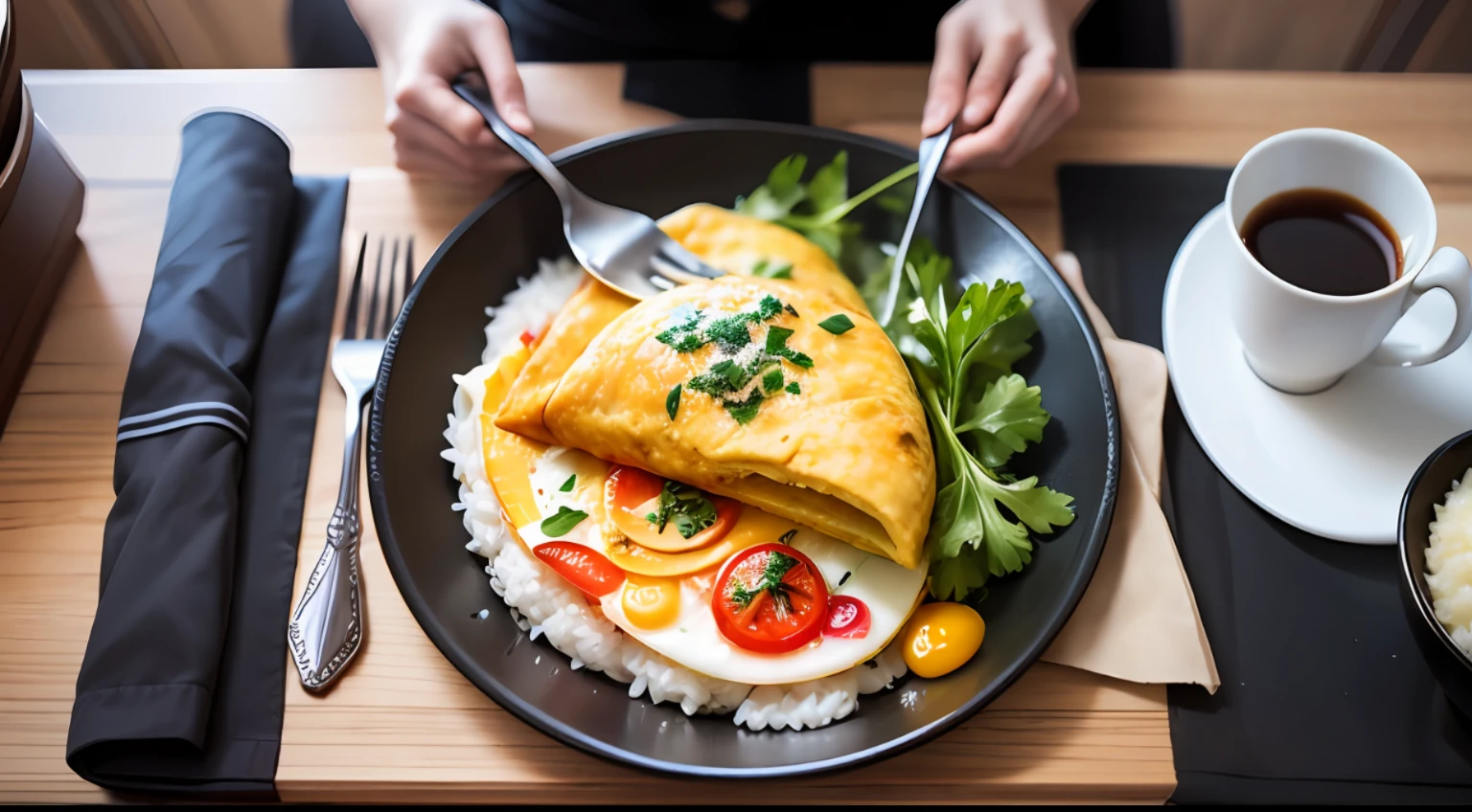 Highest image quality. 4k, 8k, omelet rice, delicious food pictures, people eating