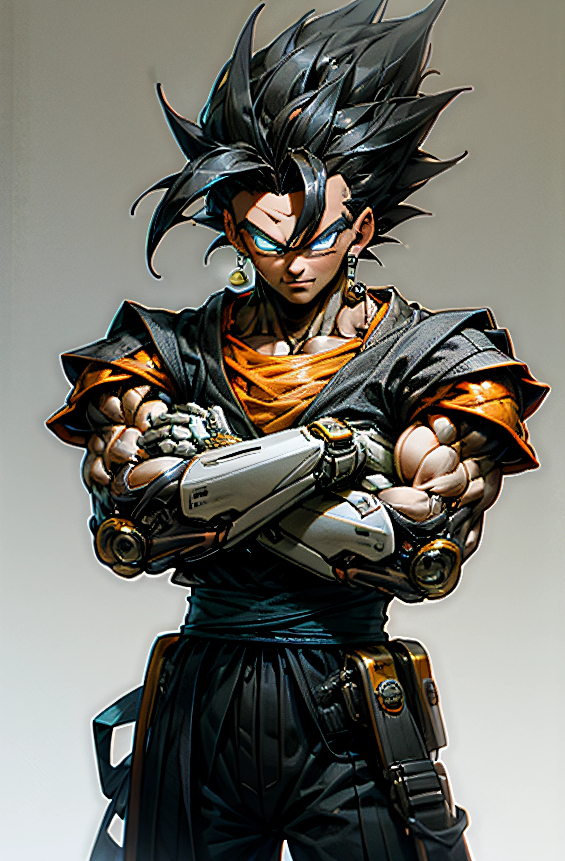 (masterpiece, best quality: 1.2), cowboy shooting, strong, muscular, solo, male approach, 1boy, vegetto, smile, looking at the viewer, crossed arms, black hair, spiked hair, blue eyes, dougi, white gloves, pectorals, desert background, levitating stones. Dark_Fantasy, Cyberpunk,, 1man, mechanical wonder, robotic presence, cybernetic guardian,