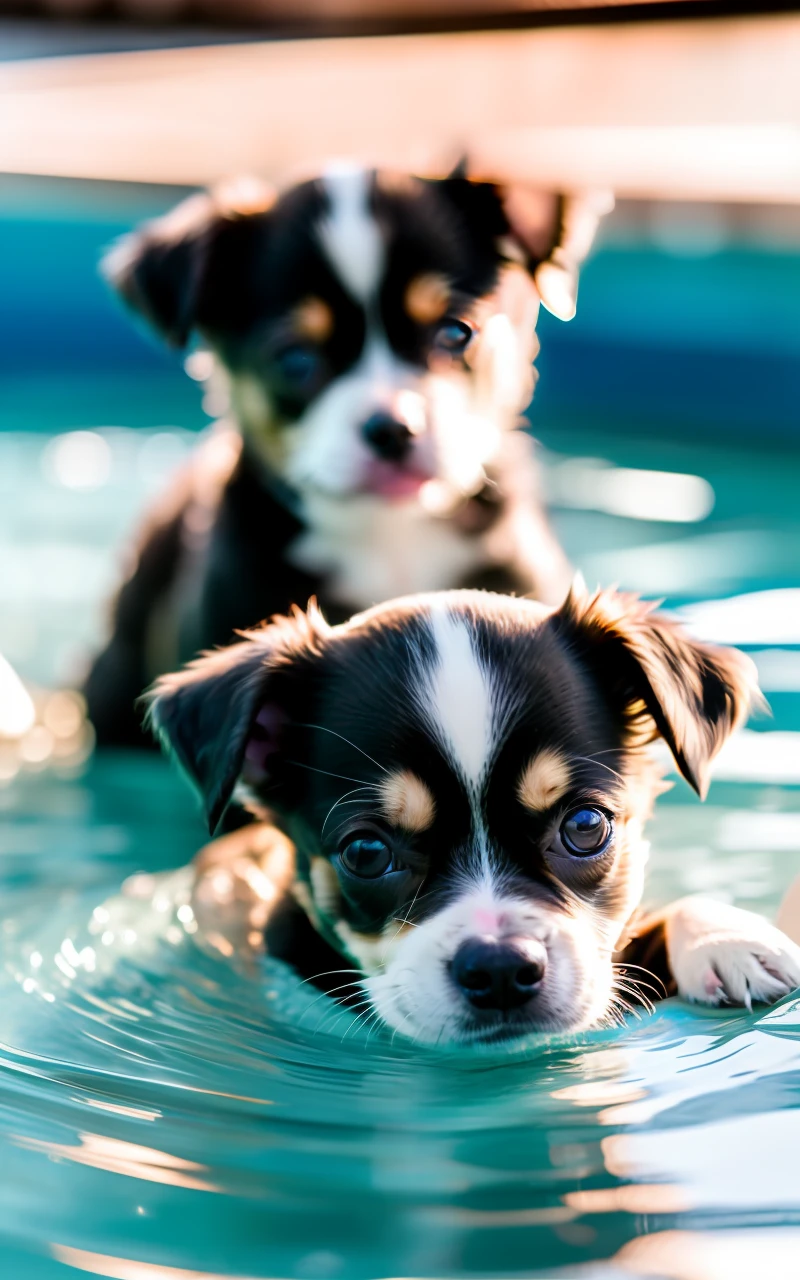 Hyper Quality,Cute two Chihuahua puppies,different body colors,swimming in the pool,barking,narrow eyes,smile,eos r3 28mm