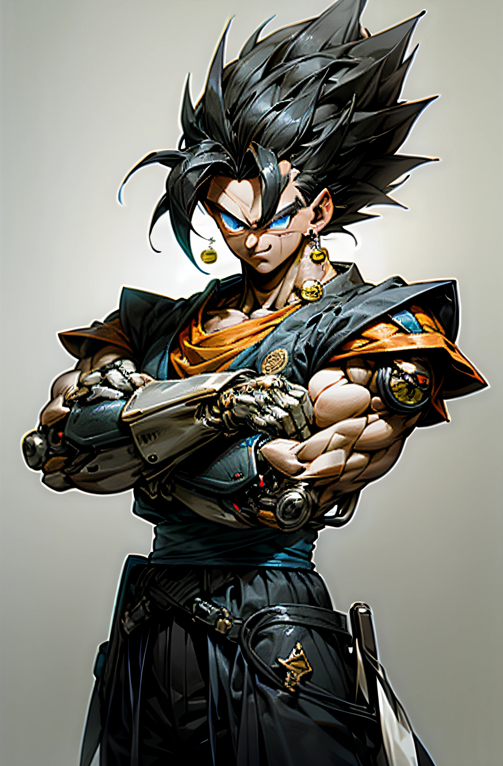 (masterpiece, best quality: 1.2), cowboy shooting, strong, muscular, solo, male approach, 1boy, vegetto, smile, looking at the viewer, crossed arms, black hair, spiked hair, blue eyes, dougi, white gloves, pectorals, desert background, levitating stones. Dark_Fantasy, Cyberpunk,, 1man, mechanical wonder, robotic presence, cybernetic guardian,