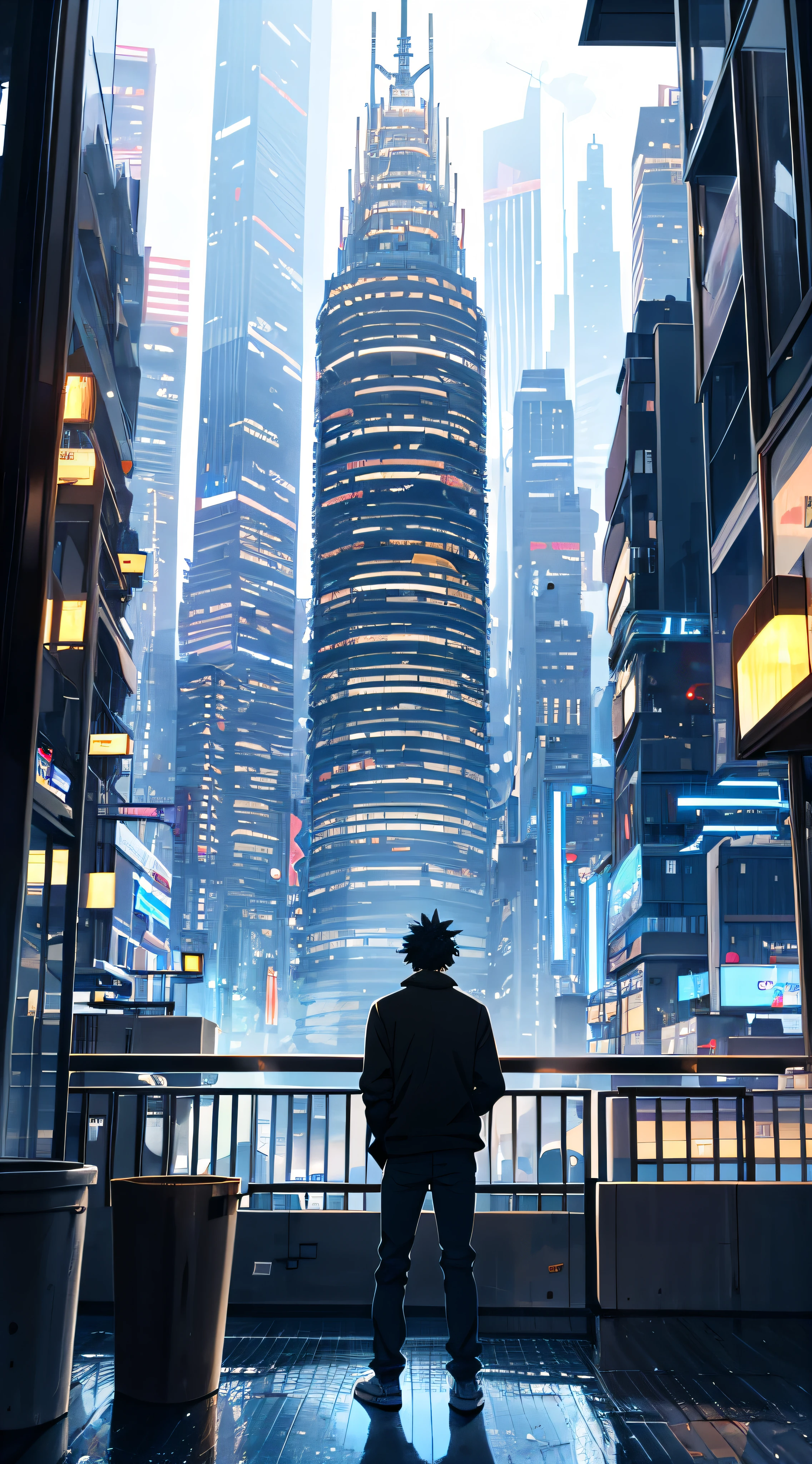 a guy standing on a balcony watching a futuristic city, neon, skyscrapers, epic, detailed