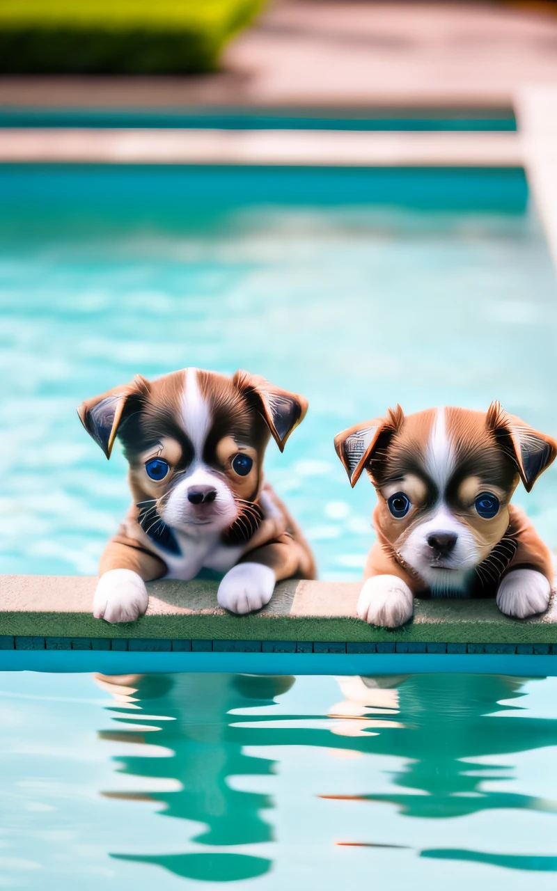Hyper Quality,Cute two Chihuahua puppies,different body colors,swimming in the pool,barking,narrow eyes,smile,eos r3 28mm