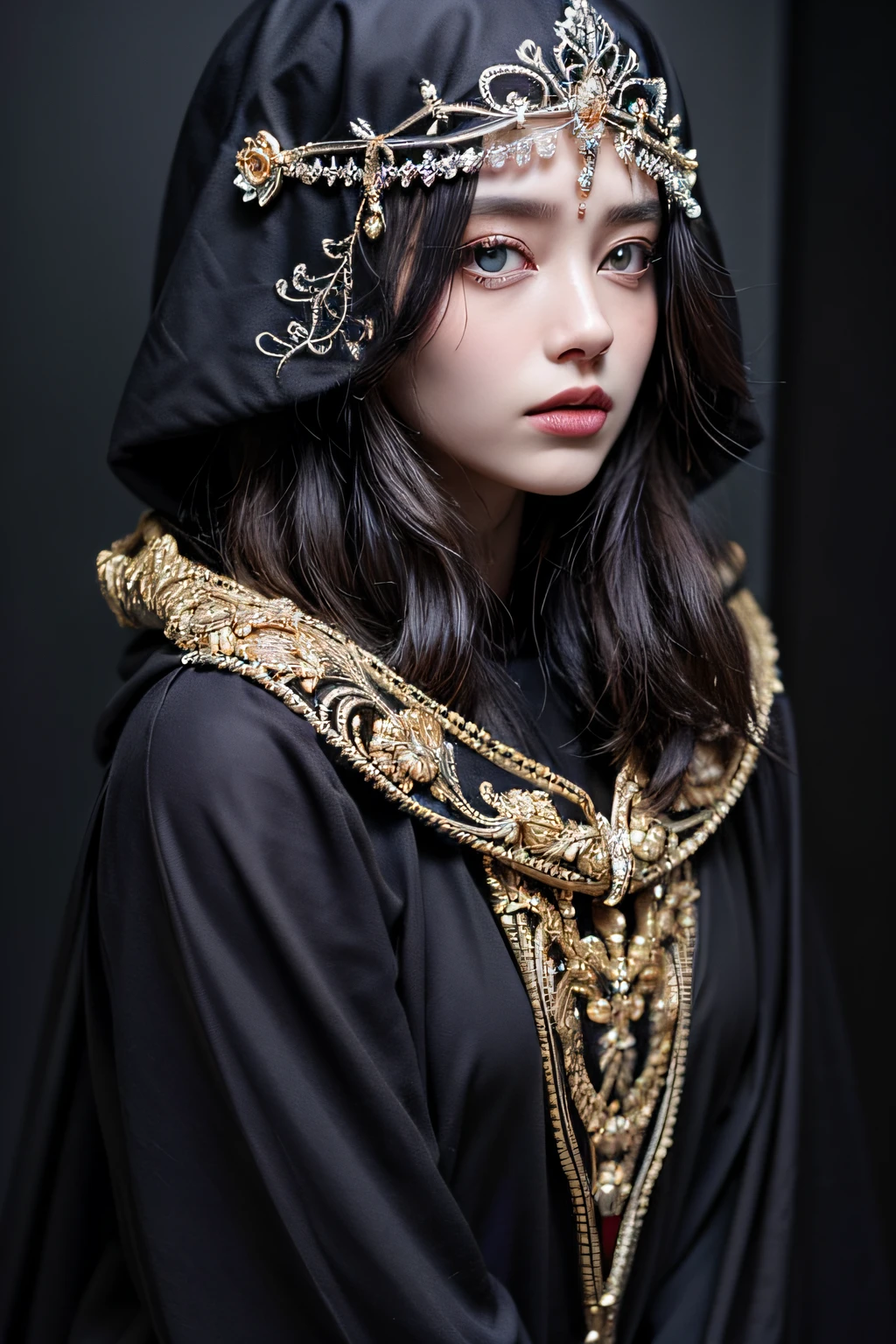 (Masterpiece, Best Quality, Realistic: 1.37), (Intricate and delicate, highly detailed skin and face), Beautiful Queen in Black Dress Suite, wrapped in luxurious dark hooded robe, dark rose and skull adorning her cloth, (tiara, rose, skull decoration, black, dark color), blue eyes, dark background, film soft lighting, thighs, full body photos