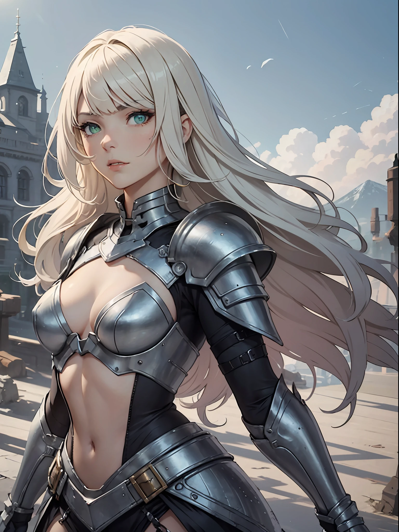 ((Best Quality, 8k, Sharp Focus, Masterpiece: 1.2, Cinematic Light, fantastic beauty a women, Detailed face Textures, realistic skin, detailed bangs)), mountain background at dawn, ((detailed Full body Metal Armor)), ((metal reflections:1.4)), detailed divine pale blonde hair, long wavy messy hair, wind, light fog, devil's castle, detailed Green eyes with blue light radiation , sense of determination Courageous face, final battle, absurdity, cowboy shot