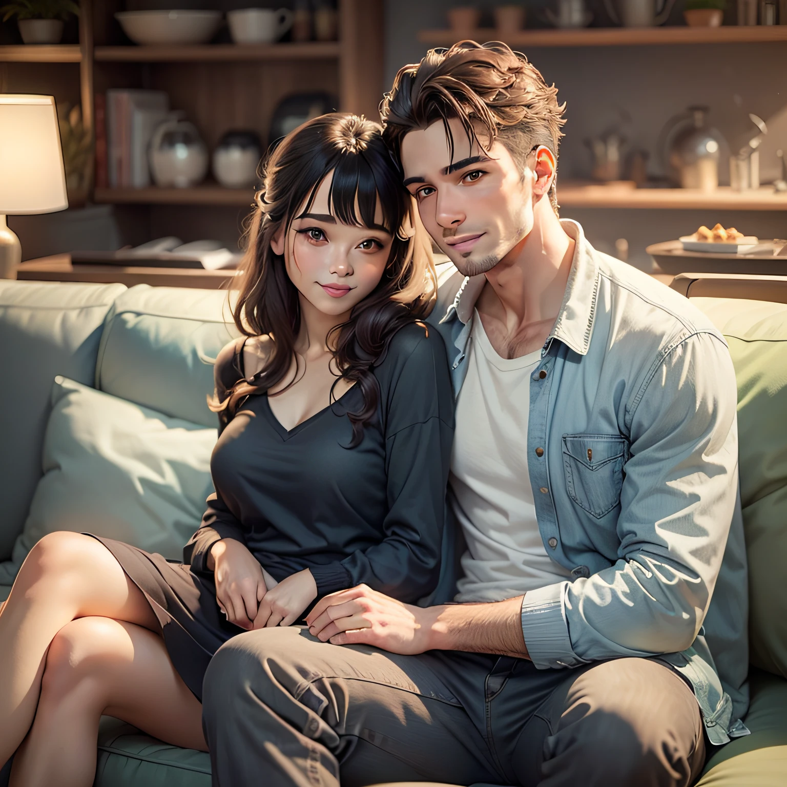 Happy couple sitting on the couch at home