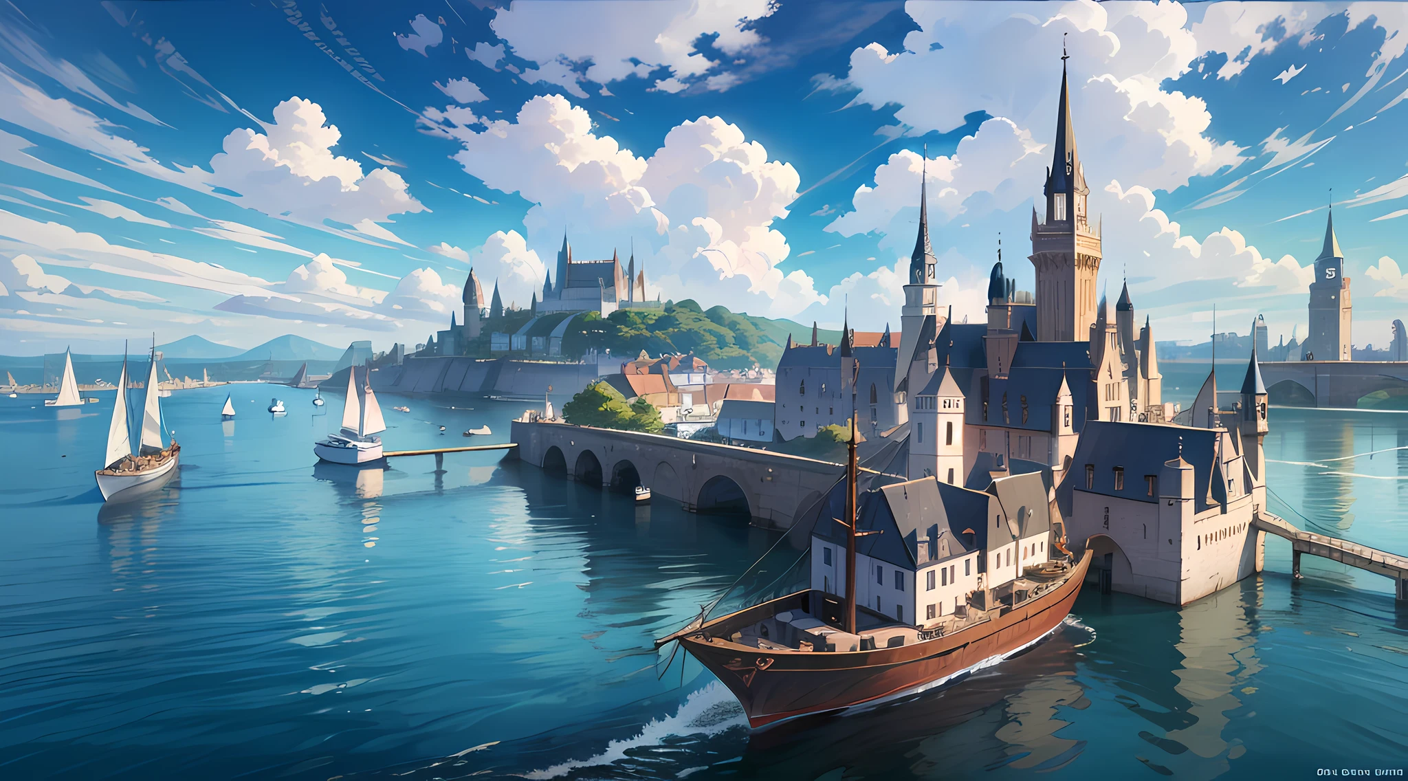 masterpiece, port kingdom, port city, dramatic angle, blue and cloudy skies, medieval fantasy