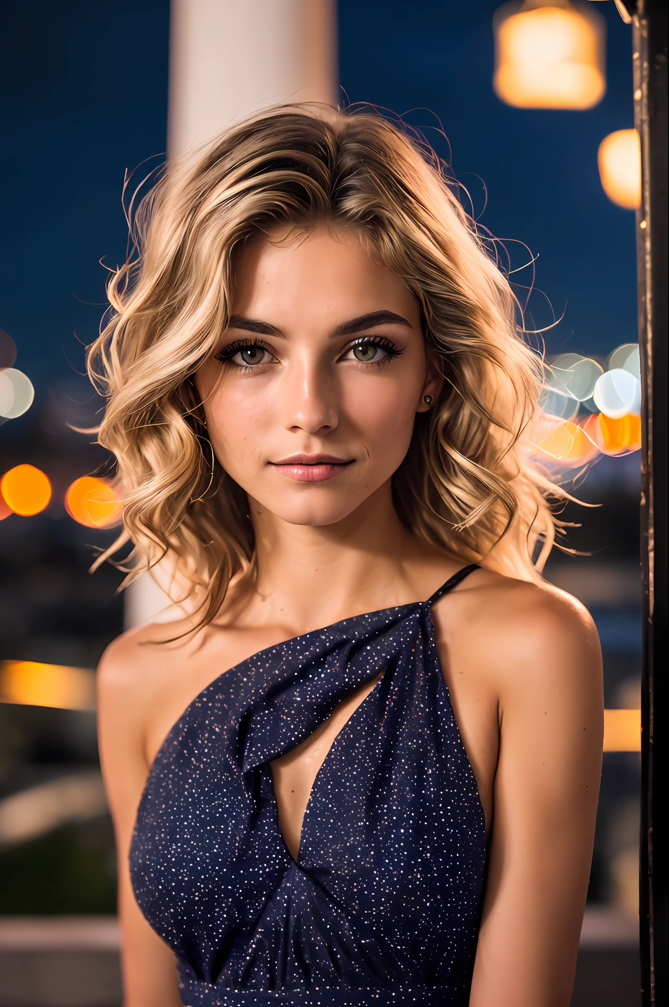 RAW uhd closeup portrait of a 24-year-old blonde, natural blonde hair, locks, wavy, (brown-eyed woman) in an apartment, new york background, night starry sky, ,breasts naturais_b, city night background, (red summer dress), (neckline), detailed (textures!, hair!, brightness, color!, imperfections:1.1), highly detailed bright eyes, (looking at the camera),  specular lighting, dslr, ultra quality, sharp focus, sharp, dof, film grain, (centered), Fujifilm XT3, crystal clear, center of frame, cute face, sharp focus, light pole, neon lights, bokeh, (dimly lit), low key, at night, (night sky)