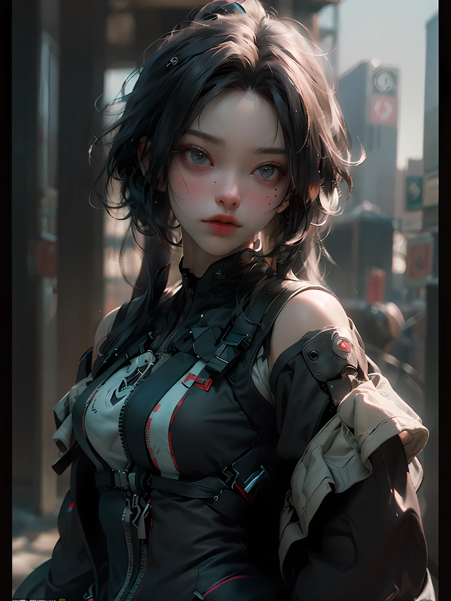 ((Best Quality)), ((Masterpiece)), (Detail: 1.4), 3D, A Beautiful Cyberpunk Female Figure, HDR (High Dynamic Range), Mechanical Body, Ray Tracing, NVIDIA RTX, Super-Resolution, Unreal 5, Subsurface Scattering, PBR Textures, Post Processing, Anisotropic Filtering, Depth of Field, Maximum Sharpness and Sharpness, Multi-layer Textures, Albedo and Highlight Maps, Surface Coloring, Accurate simulation of light-material interactions, perfect proportions, Octane Render, two-color light, large aperture, low ISO, white balance, rule of thirds, 8K RAW,