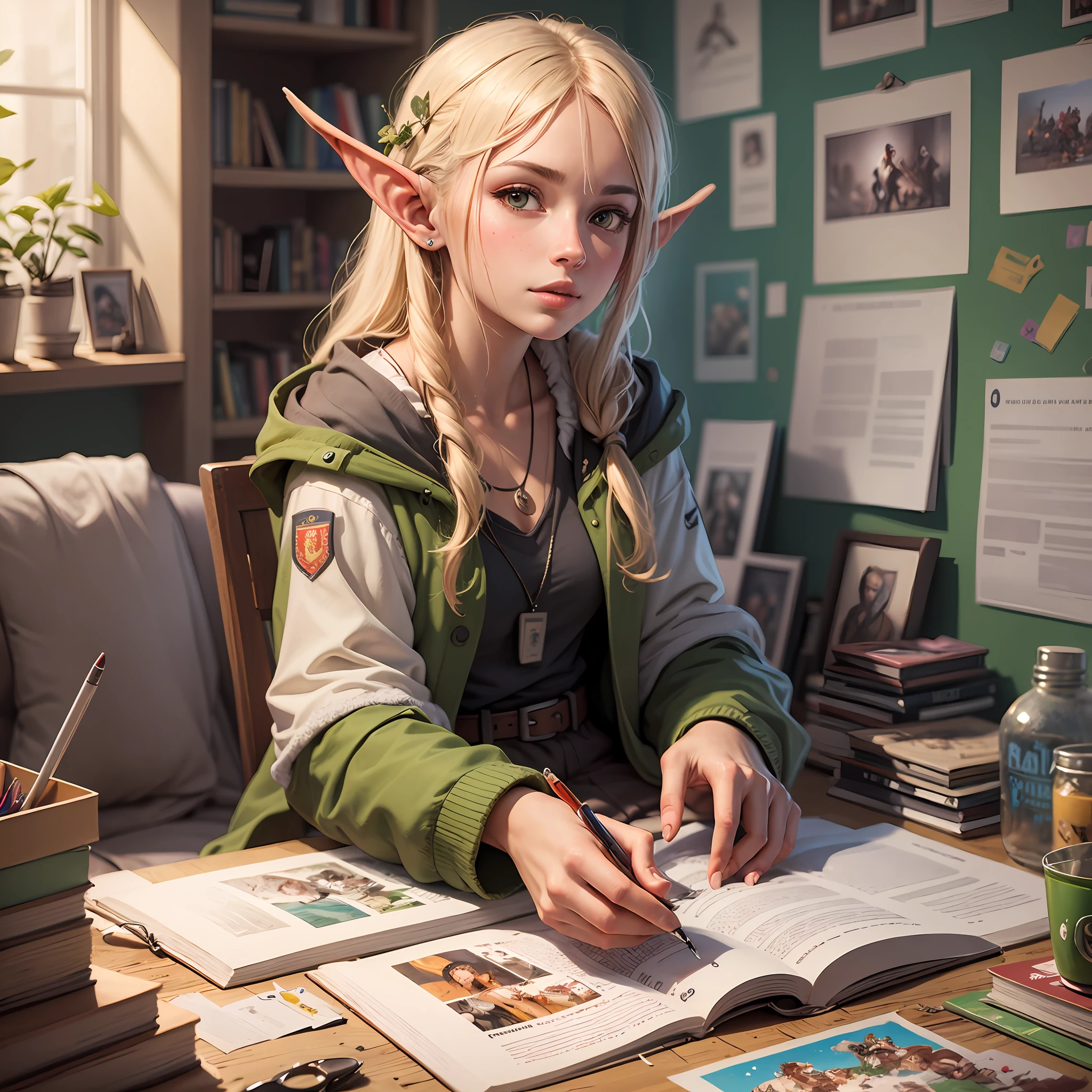 "(high quality, stunning illustration, extremely detailed) Portrait of a long-eared elf relaxing and enjoying his video games, in a messy room filled with posters on the walls."