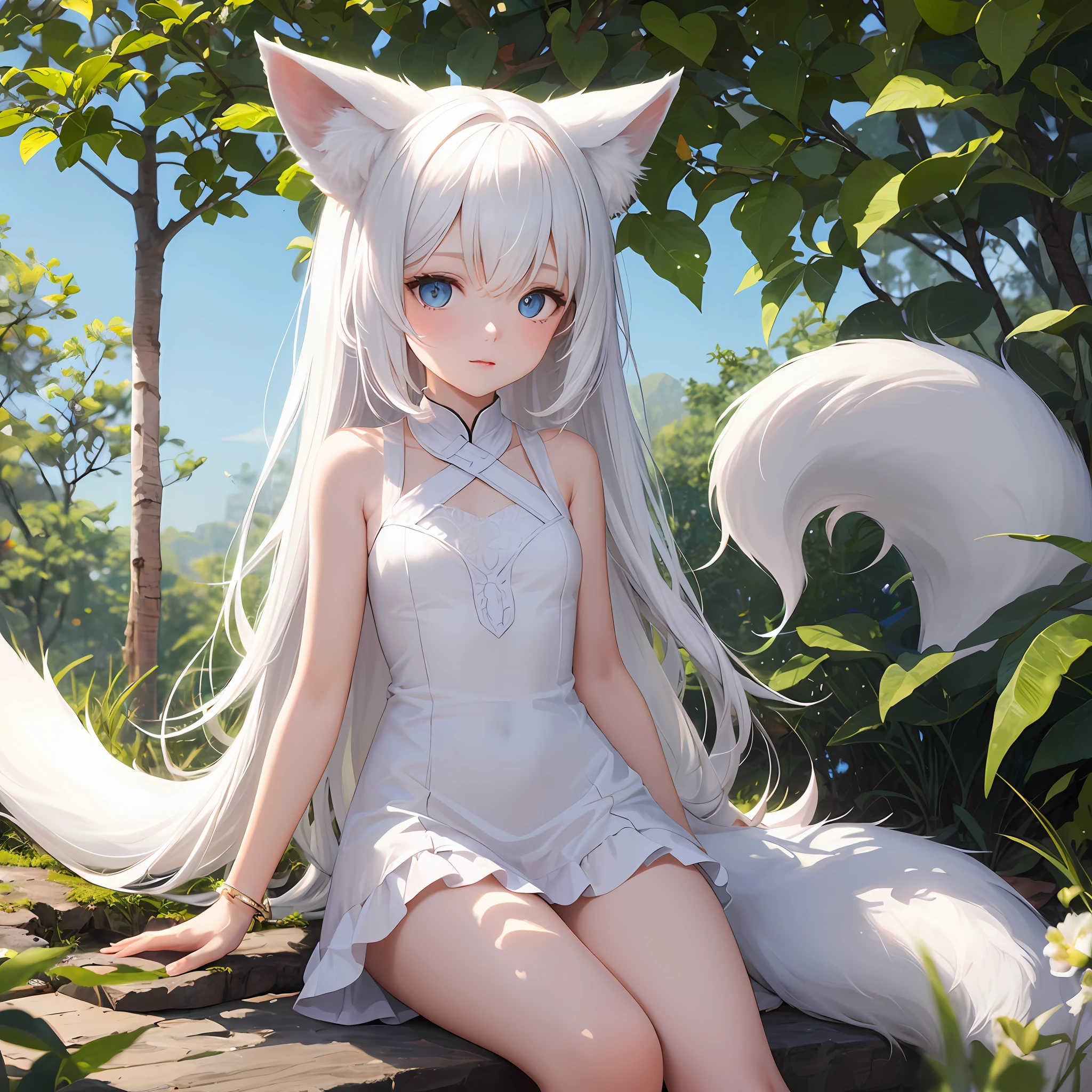 /girl, (white long hair 1.4), white fox ears, white foxtail, (loli 1.3), white dress --auto