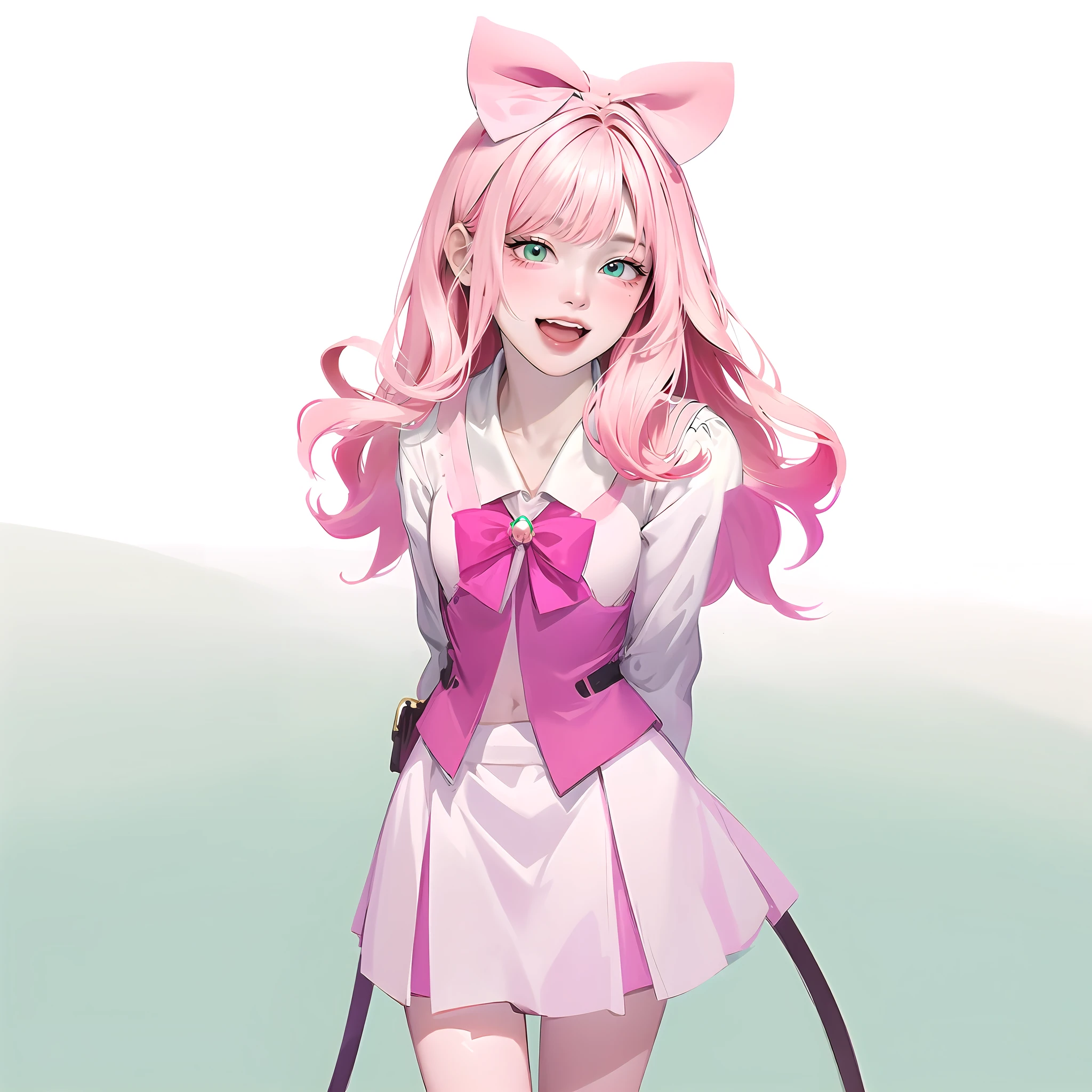 anime girl with pink hair and a bow tie, kawaii realistic, render of april, [[[[grinning evily]]]], guweiz, , artwork in the style of guweiz, pink twintail hair and cyan eyes, magical girl, guweiz on pixiv artstation, with pink hair, beautiful torso, skirt, arms behind back