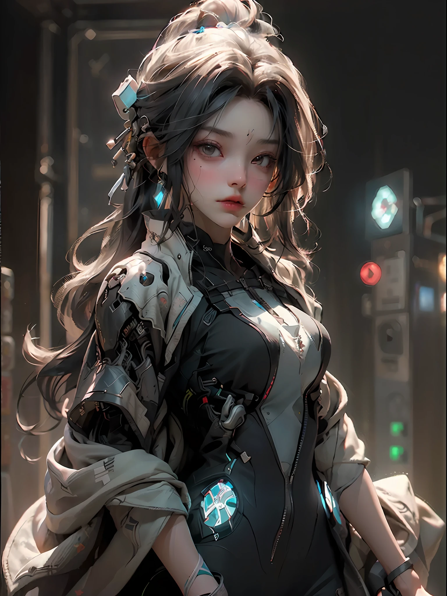 ((Best Quality)), ((Masterpiece)), (Detail: 1.4), 3D, A Beautiful Cyberpunk Female Figure, HDR (High Dynamic Range), Mechanical Body, Ray Tracing, NVIDIA RTX, Super-Resolution, Unreal 5, Subsurface Scattering, PBR Textures, Post Processing, Anisotropic Filtering, Depth of Field, Maximum Sharpness and Sharpness, Multi-layer Textures, Albedo and Highlight Maps, Surface Coloring, Accurate simulation of light-material interactions, perfect proportions, Octane Render, two-color light, large aperture, low ISO, white balance, rule of thirds, 8K RAW,