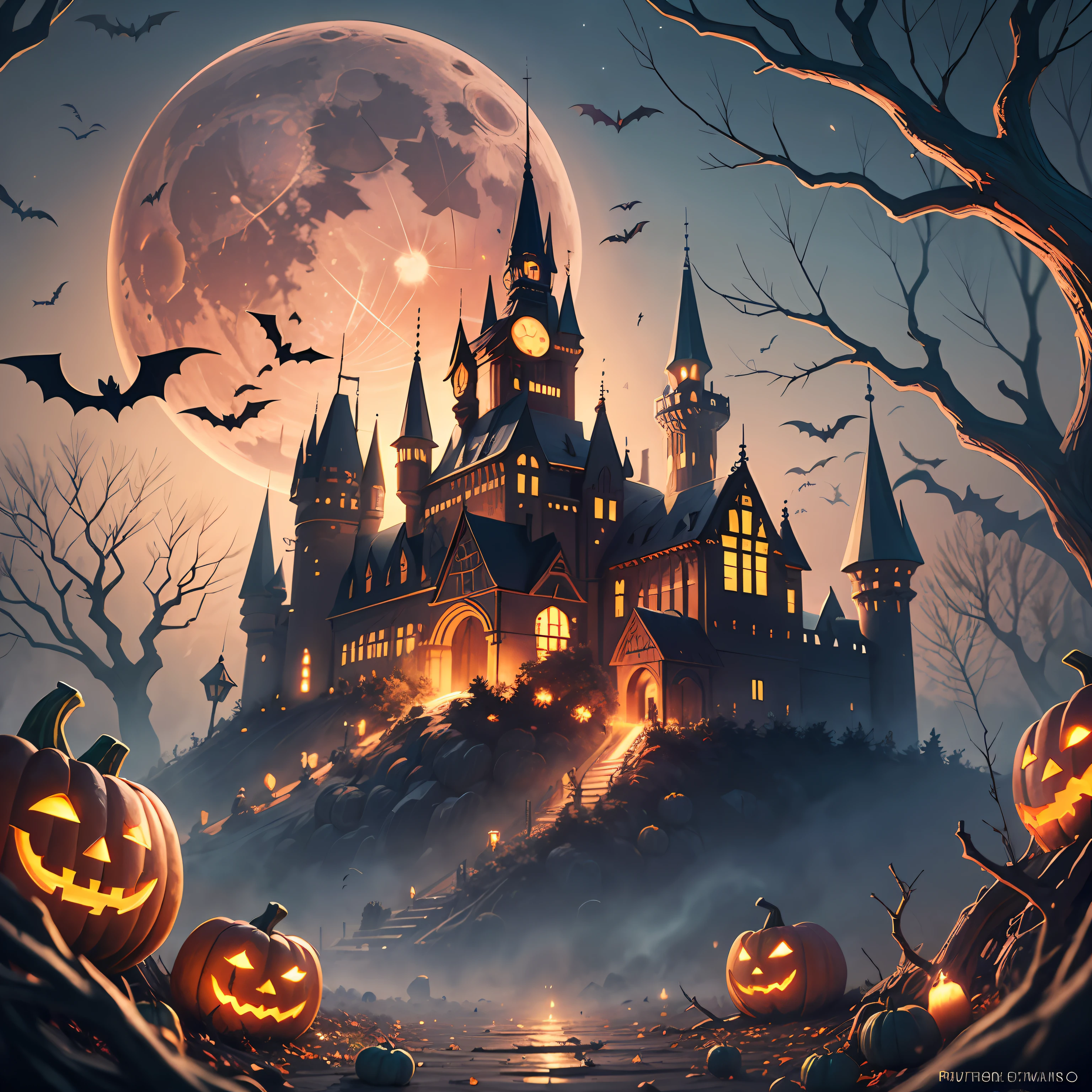 Halloween poster, pumpkins, bats, withered giant branches, red moon, ray tracing, stacked chests, castle