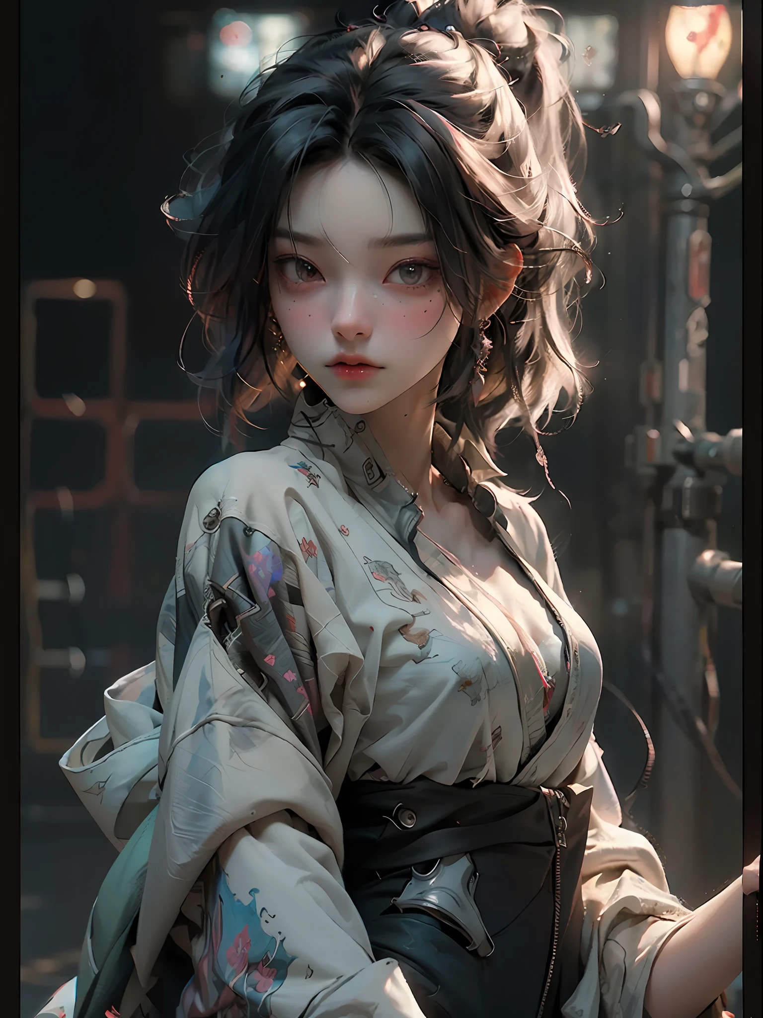 ((Best Quality)), ((Masterpiece)), (Detail: 1.4), 3D, A Beautiful Cyberpunk Female Figure, HDR (High Dynamic Range), Mechanical Body, Ray Tracing, NVIDIA RTX, Super-Resolution, Unreal 5, Subsurface Scattering, PBR Textures, Post Processing, Anisotropic Filtering, Depth of Field, Maximum Sharpness and Sharpness, Multi-layer Textures, Albedo and Highlight Maps, Surface Coloring, Accurate simulation of light-material interactions, perfect proportions, Octane Render, two-color light, large aperture, low ISO, white balance, rule of thirds, 8K RAW,