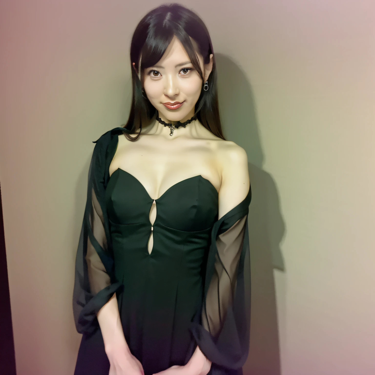 A woman in a black dress who is inferior in a Japan sword grip pose