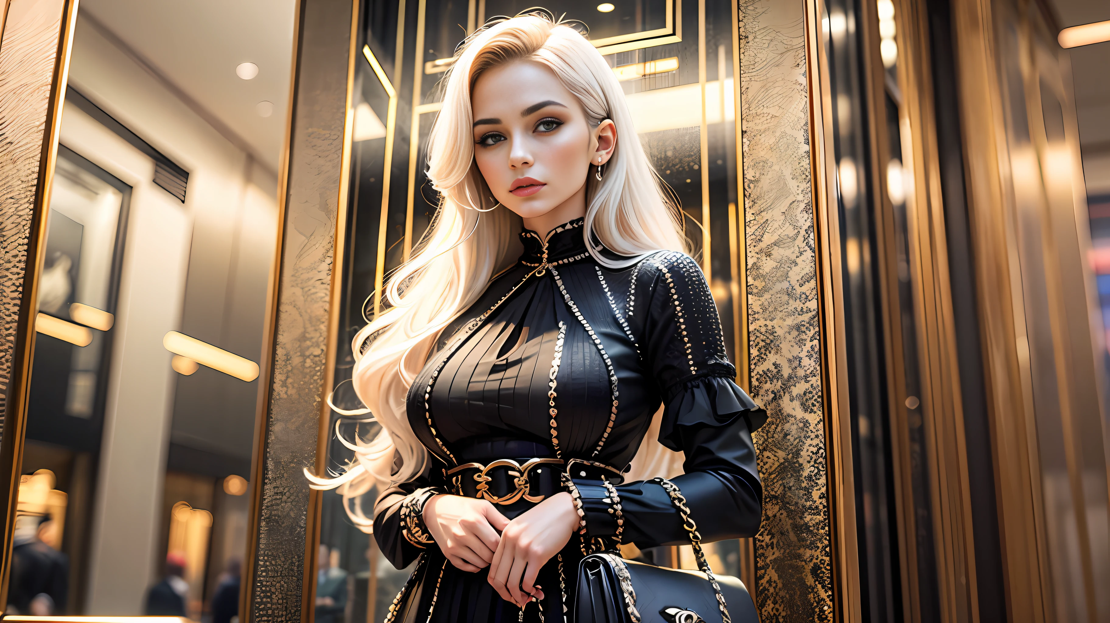 A super rich woman in Chanel's luxury store in Paris with perfumes, clothes and handbags, details in another and super realistic chrome, high level of detail --auto