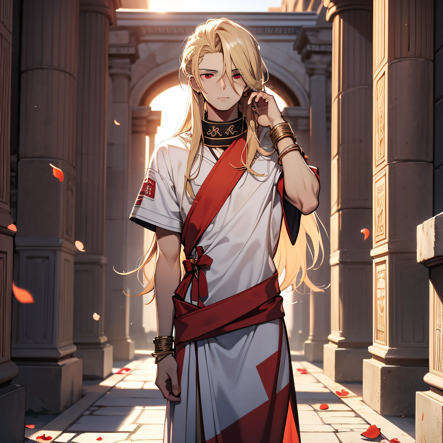 18 year old boy, long blonde hair, red eyes, wearing white toga, wearing metal bracelets, in an ancient Greek palace, white marble, red flags around, beige petals spread, 4K, looking at the viewer, sunset