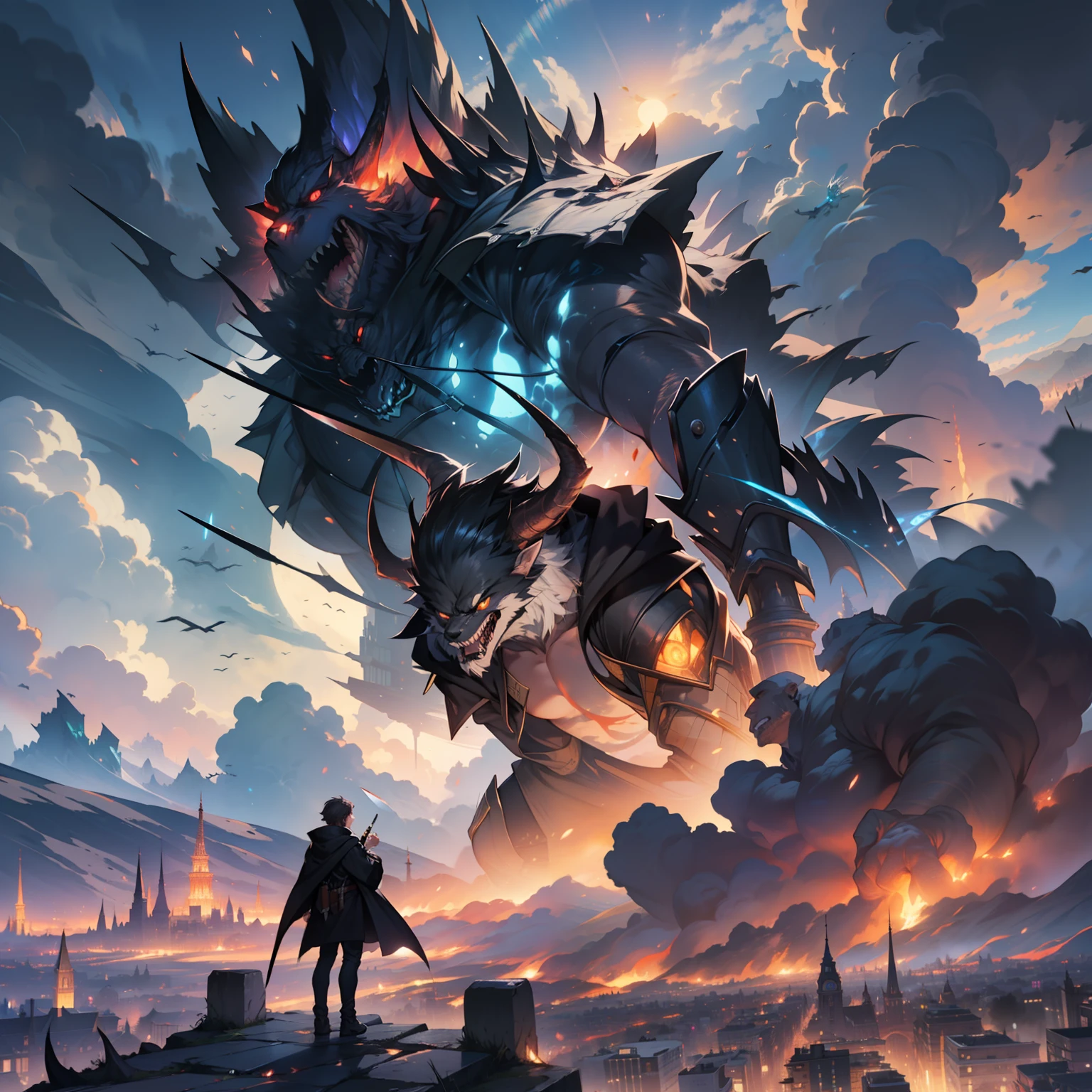 A boy in a black cloak, holding a short knife in his hand, looking at the city being destroyed by monsters from the top of a distant mountain, masterpiece, best quality, high quality, extremely detailed CG, 8k wallpaper, HDR, realism, very detailed, high detail
