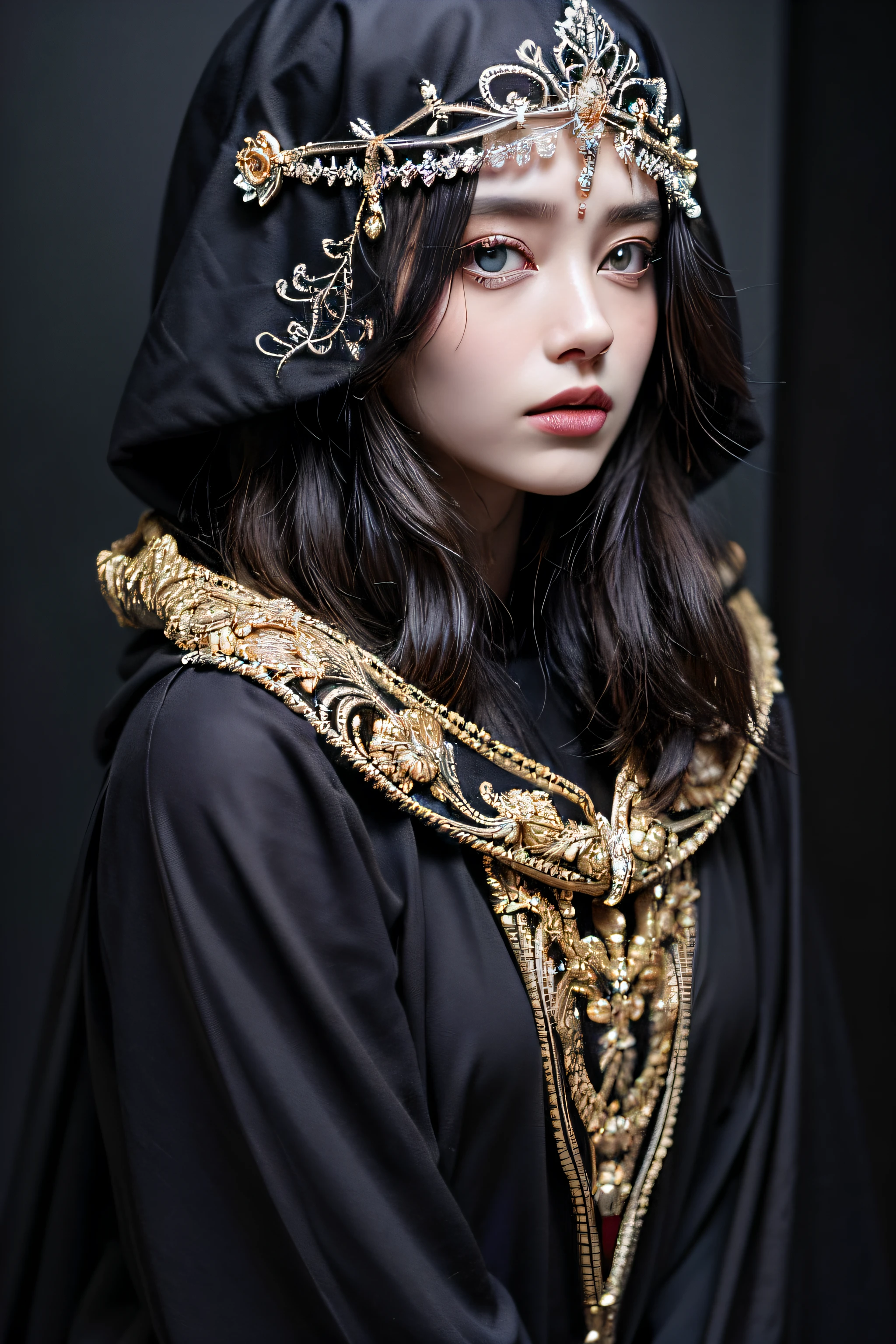 (Masterpiece, Best Quality, Realistic: 1.37), (Intricate and delicate, highly detailed skin and face), Beautiful Queen in Black Dress Suite, wrapped in luxurious dark hooded robe, dark rose and skull adorning her cloth, (tiara, rose, skull decoration, black, dark color), blue eyes, dark background, film soft lighting, thighs, full body photos