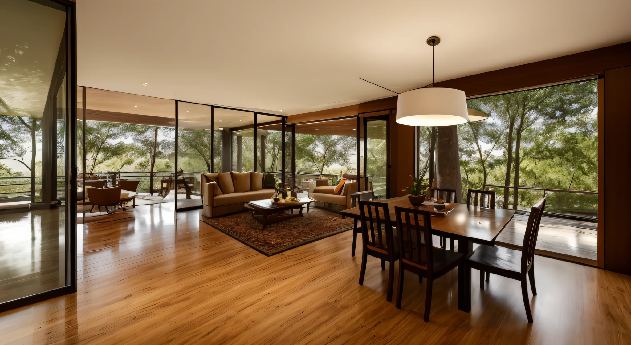Interior design, amazingly detailed wide angle architectural photography, cozy designer living room (warm bright sunlight 1:0.1), award-winning contemporary interior design, landscape, table, chair, interior, hardwood floor, window, restaurant, east asian architecture, sliding doors, lamp, architecture, forest, nature, cup, plant, INTERIOR DESIGN, interesting lights and shadows, depth of field