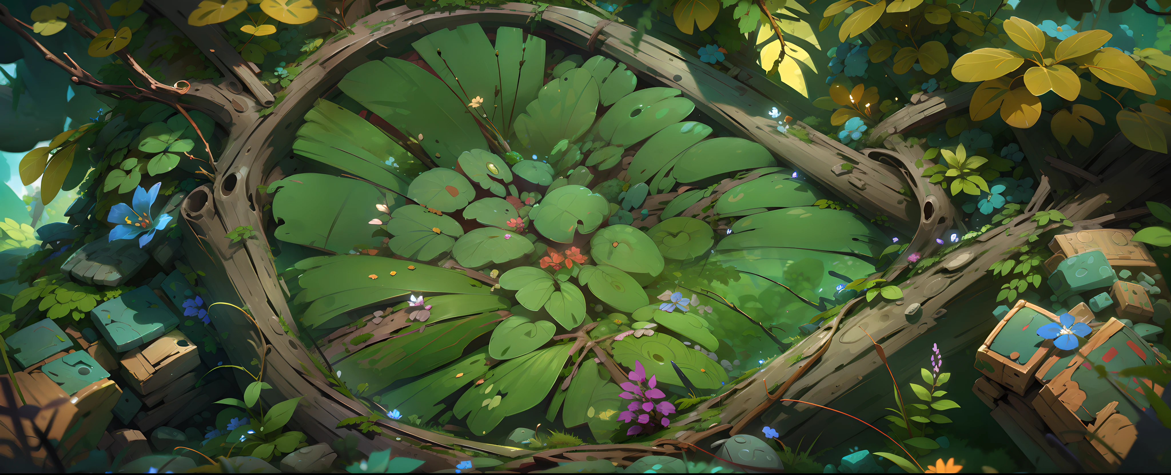 illustration game scene, the Cruds, DreamWorks animation, background image of game characters, natural environment, high-quality background image, empty ground, huge stones entangled with branches, wide-angle photography, fantasy plants, berries, microscopic perspective, cartoon style, tropical plants, horizontal composition, bright, super high resolution, super high quality, clear details, forest, game scene map