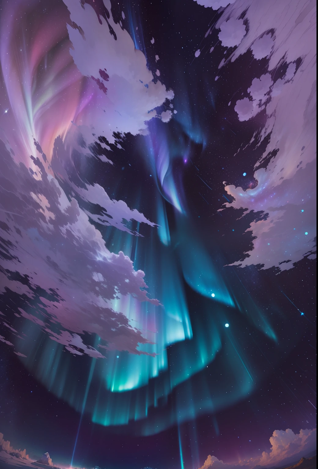 Purple starry sky, with auroras, stars, swirls, bright crystals, --auto