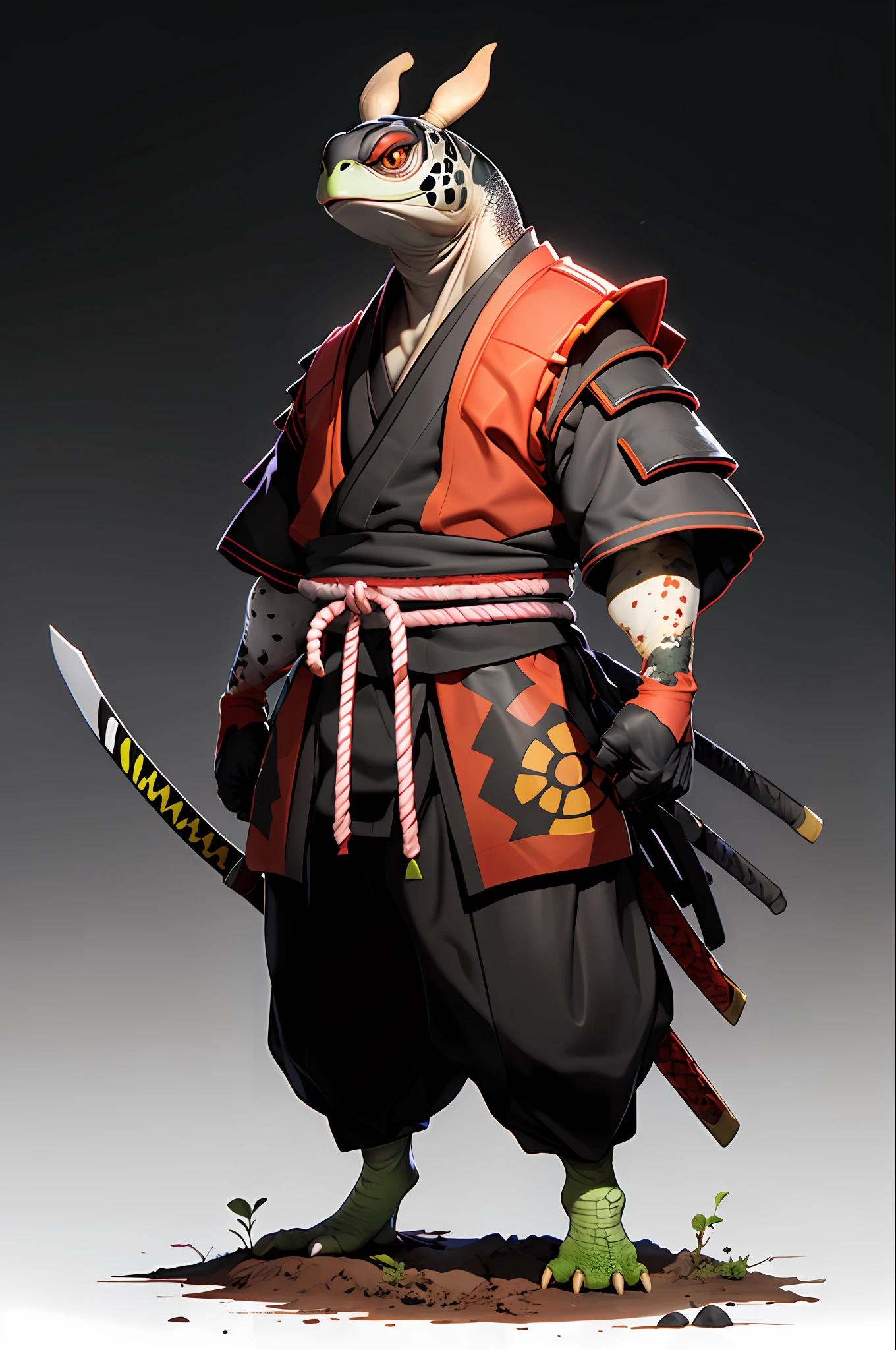 better quality,
 tail, soil, turtle shell black color, red skin, with a yellow spot between the eyes, 1boy, gloves, adult samurai turtle, standing, full body, looking at the viewer, black background,
rackanimal, balck bottom,