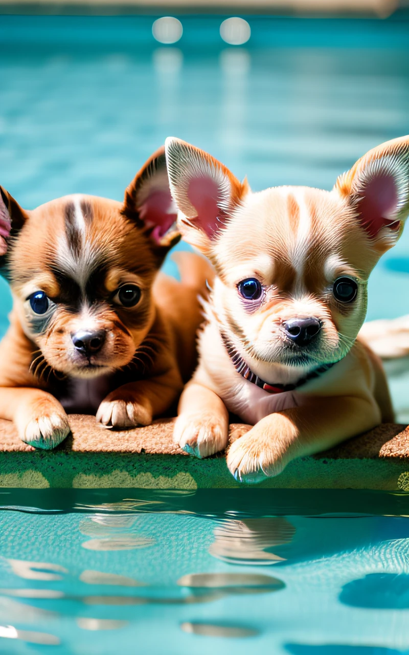 Hyper Quality,Cute two Chihuahua puppies,different body colors,swimming in the pool,barking,narrow eyes,smile,eos r3 28mm
