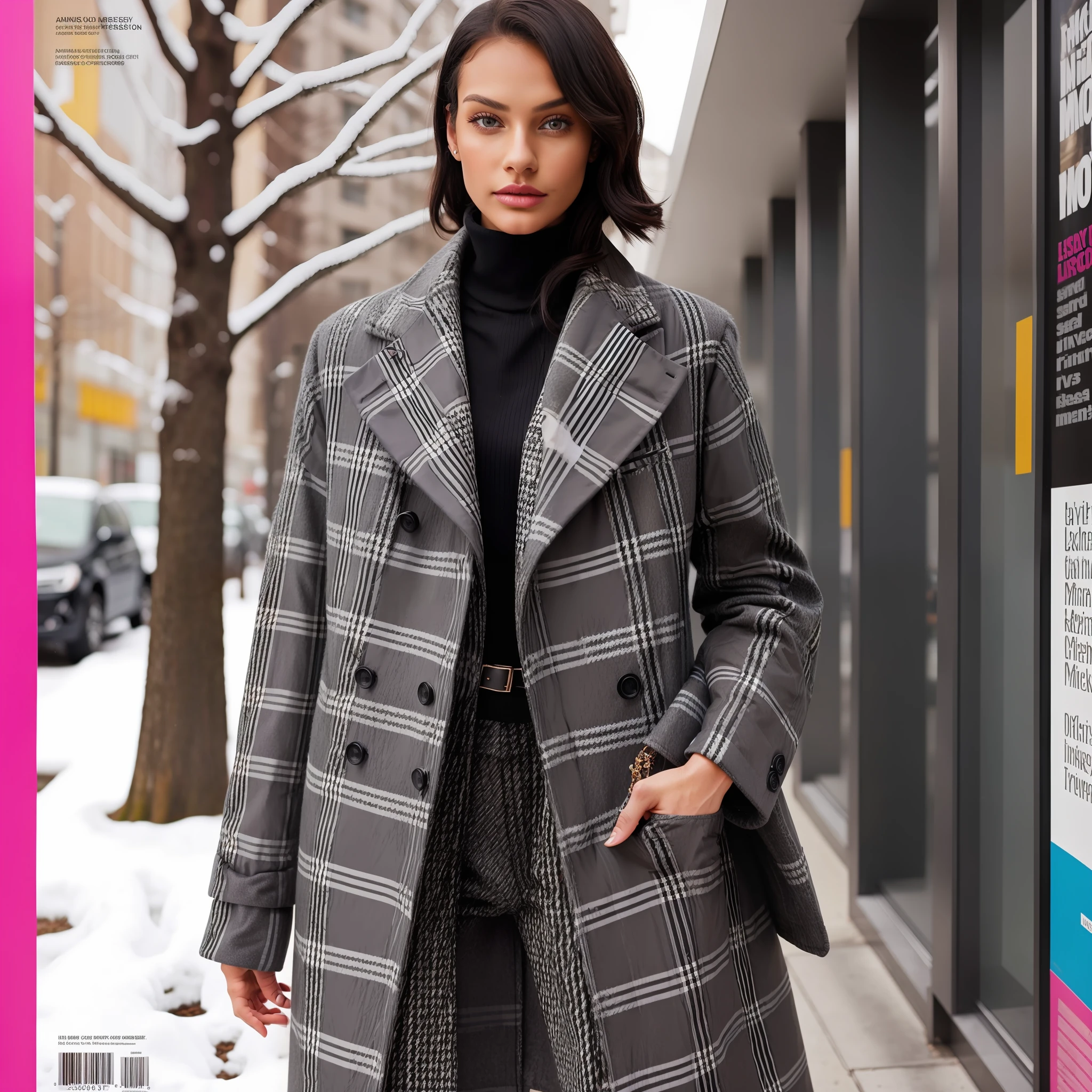 A black model posing for editorial photo of magazine cover, wearing winter clothes, ultra modern wool overcoat, vivid colors, intense, checkered, detailed, cute aspect, intricate details, editorial style photo of magazine cover, high fashion.