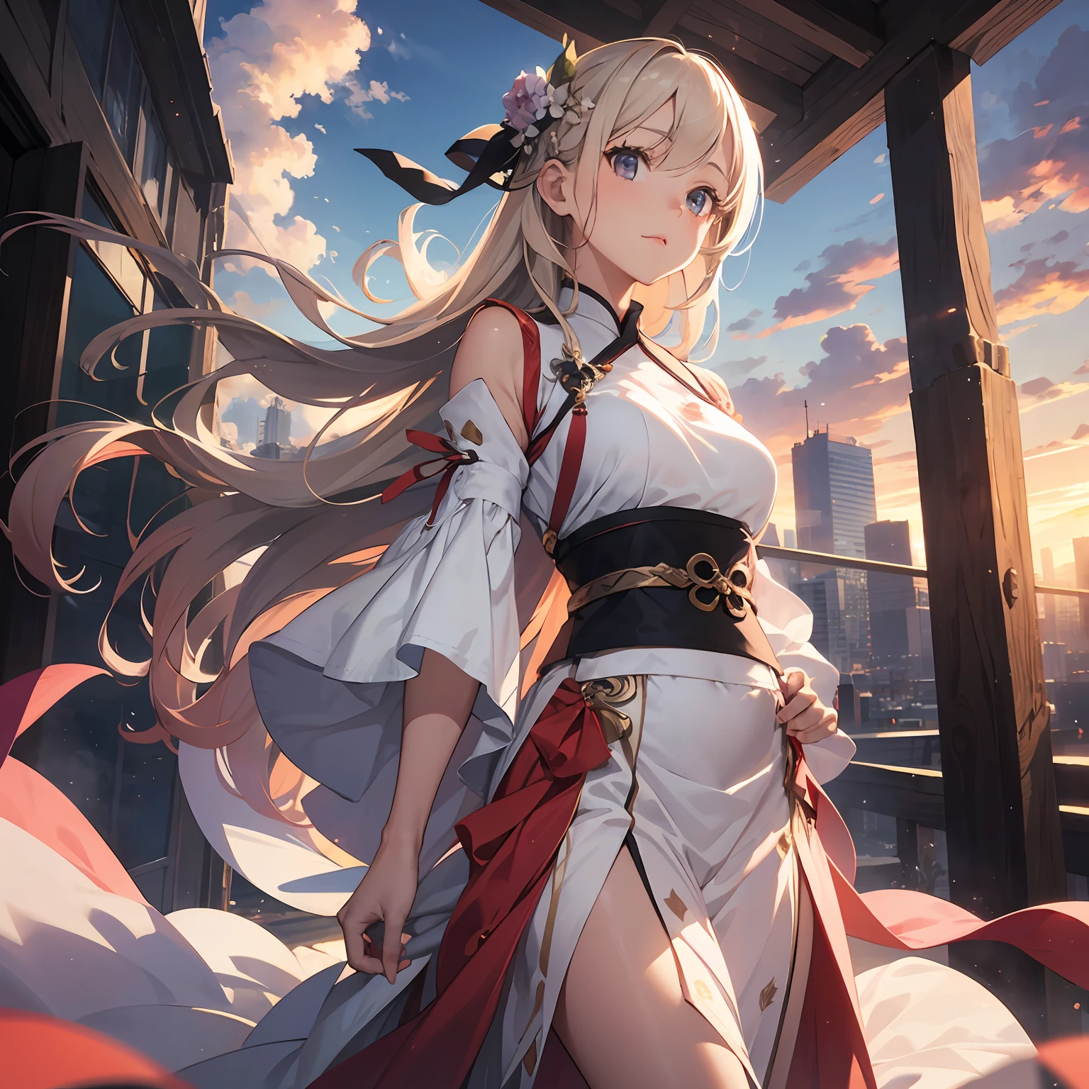 real photo, raw photo, realistic:1.6, 1girl,mxgirl,solo, close up, wearing hanfu, tang style, light pink upper shan, white chest po skirt, an ethereal goddess draped in a cloud-like gown, floating effortlessly amidst a clouds of mist, best quality, ultra high res, (photorealistic:1.4), masterpiece, highres, original, extremely detailed wallpaper, detailed background, sunset, warm Color temperature, filmg,