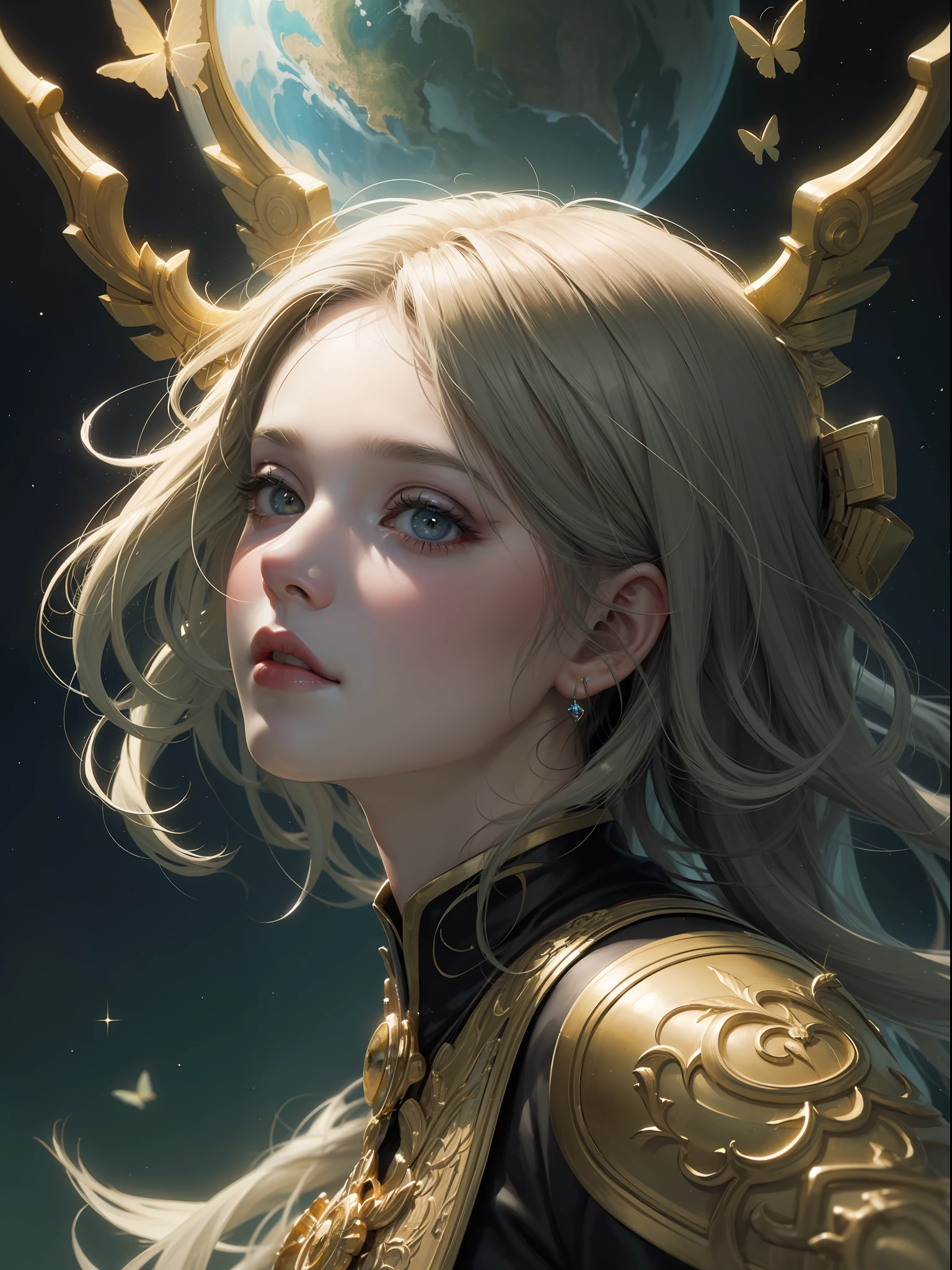 ((Best Quality, 8k, Masterpiece: 1.3)) Beautiful Woman: 1.3, Beautiful Face, Crawling Saturated Colors, Psychedelic Images, LSD, Mandala, Fractals, Clothing, Tattoos, Painted Body, Body Tilted Forward, Similar to Alex Gray's Art, Lots of Color Saturation, Swirls, Surreal, Planet Earth, Galaxies, Lots of Lighting, Shadows and Contrast, Role Play, Realistic Eyes, Green Iris, 3D Depth, Realistic Skin Texture, Detailed Sharp Scales, Colorful, fantasy art, artgerm ruan jia and greg rutkowski surrealist wet lacquer gold butterfly filigree art, broken glass