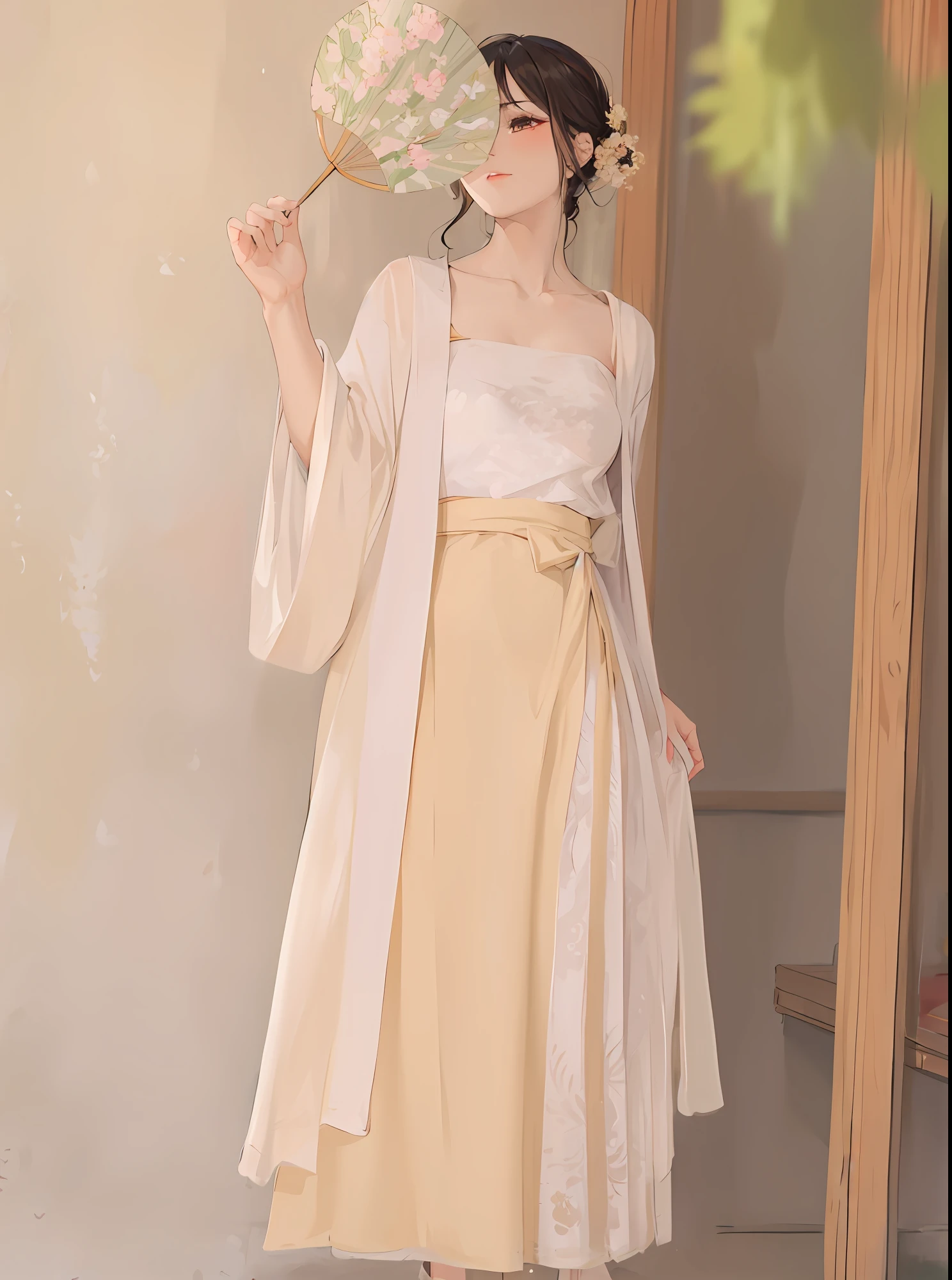 araffe woman in a white dress and a beige jacket holding a fan, white hanfu, hanfu, pale and coloured kimono, flowing magical robe, pale pink and gold kimono, long beautiful flowing kimono, flowing robe, flowing magical flesh robe, palace ， a girl in hanfu, classic kimono, flowing robes, flowing sakura silk, with acient chinese clothes