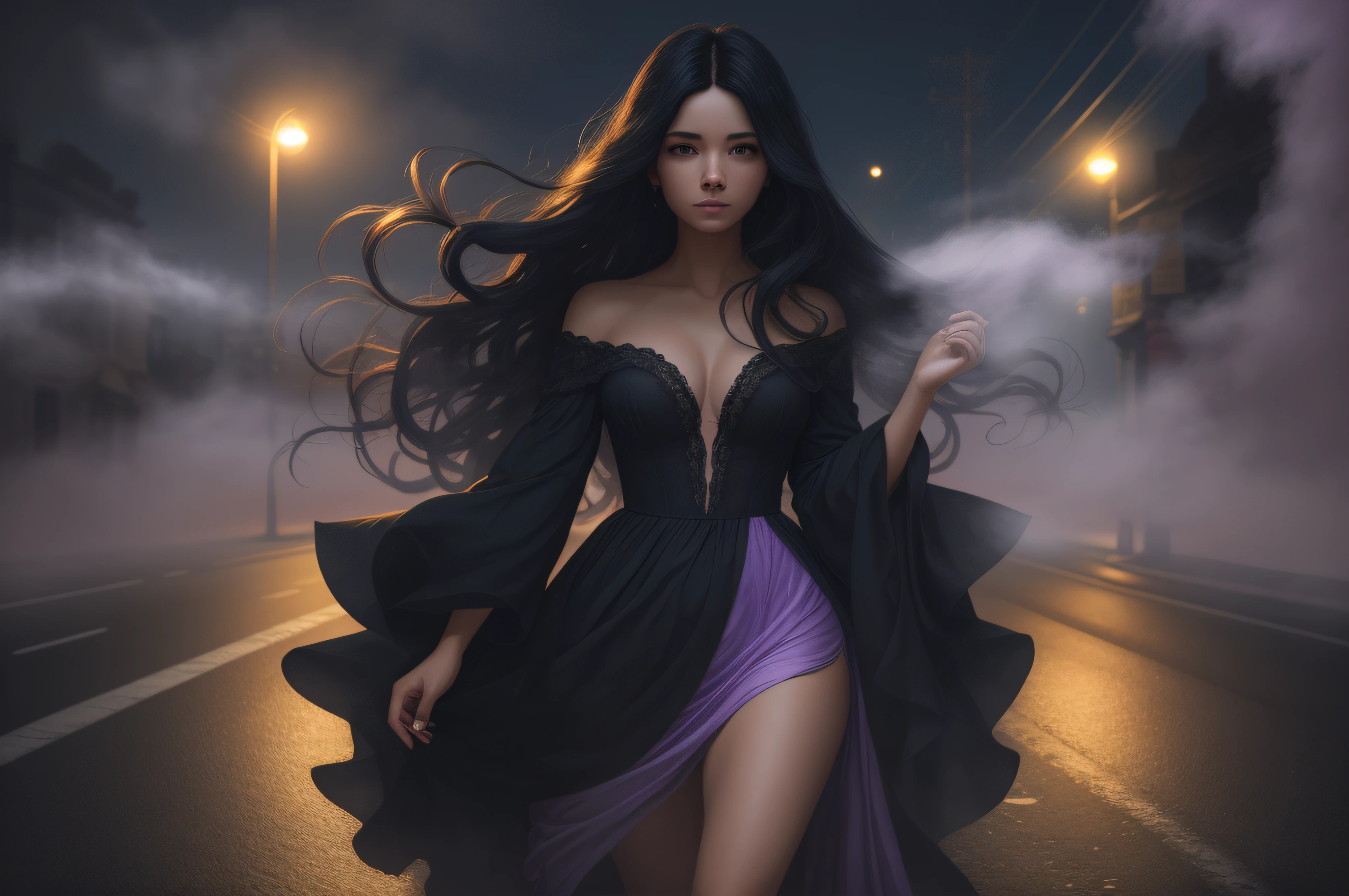 Woman walking head-on down a road at night, with fog and shadows, wavy and long black hair, detailed hand and fingers, high quality, ultra-detailed, 8k, masterpiece, (volumetric lighting), black magic, fanciful, lilac colors, purple, black and vivid shadows on the woman's return. --auto --s2