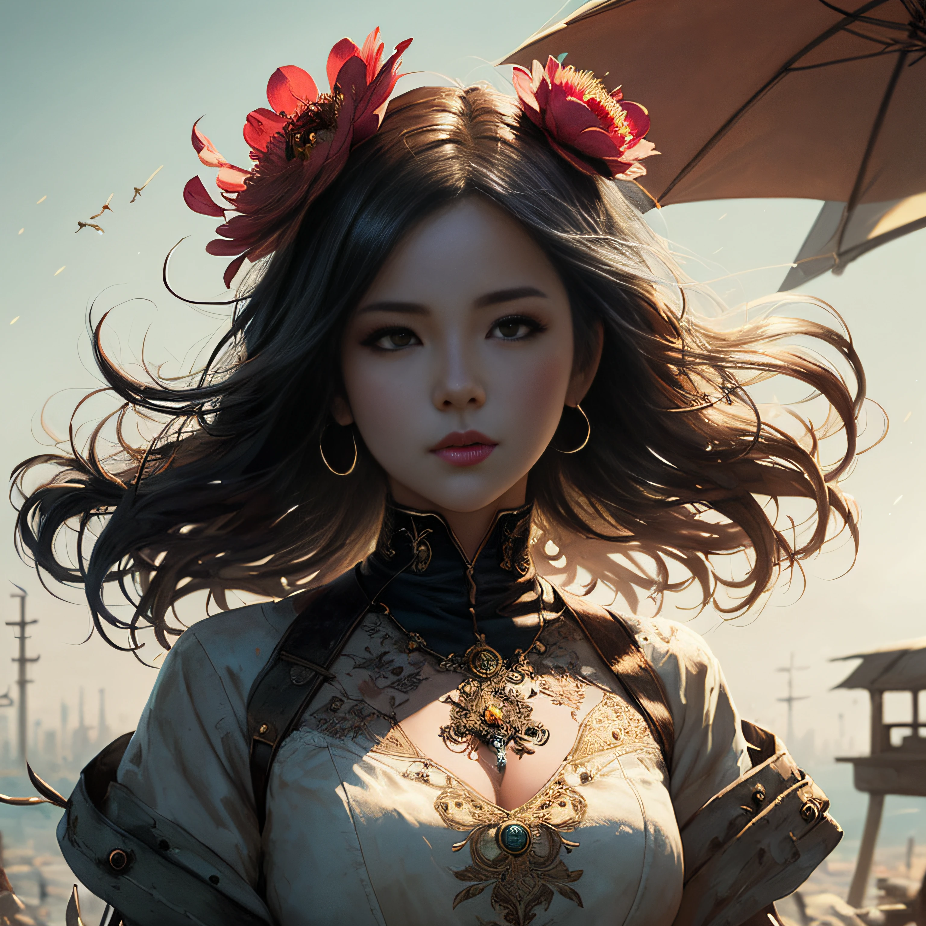 there is a woman with a flower in her hair and a dress, wlop and ross tran, ross tran 8 k, artwork in the style of guweiz, ross tran and wlop, chengwei pan on artstation, wojtek fus, guweiz masterpiece, beautiful digital artwork, cgsociety portrait, steampunk beautiful anime woman