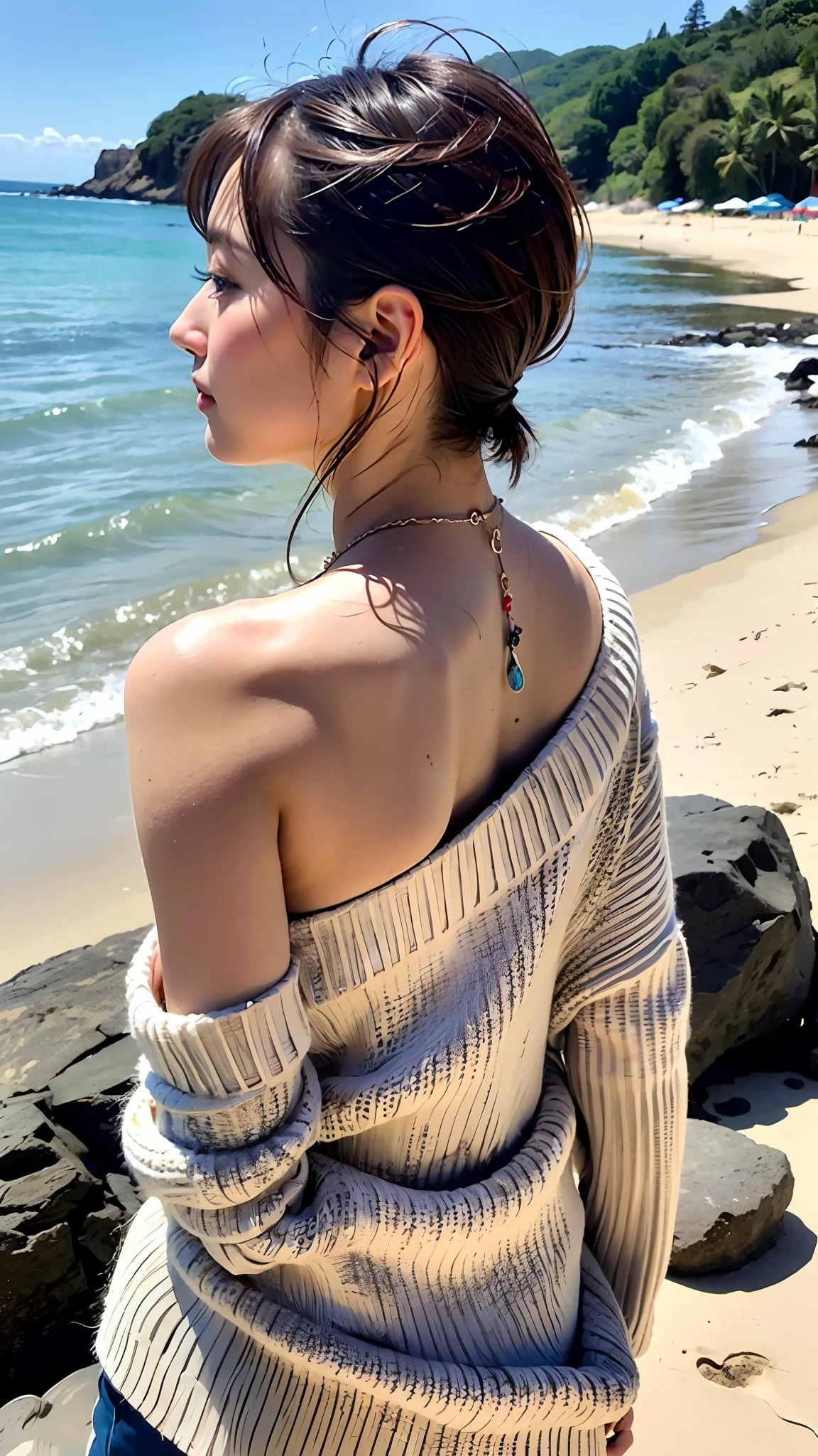 (Best quality, 8k, 32k, masterpiece, UHD: 1.2), photo of beautiful Japanese woman, large breasts, very short bob hair, upper body, face focus, oversized_sweater, necklace, sun porbdo beach background, from above, looking at the horizon from behind