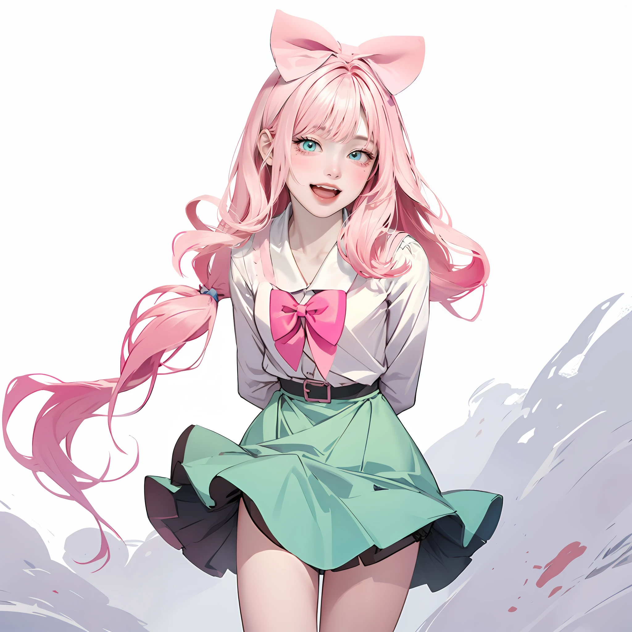 anime girl with pink hair and a bow tie, kawaii realistic, render of april, [[[[grinning evily]]]], guweiz, loli, artwork in the style of guweiz, pink twintail hair and cyan eyes, magical girl, guweiz on pixiv artstation, with pink hair, beautiful torso, skirt, arms behind back