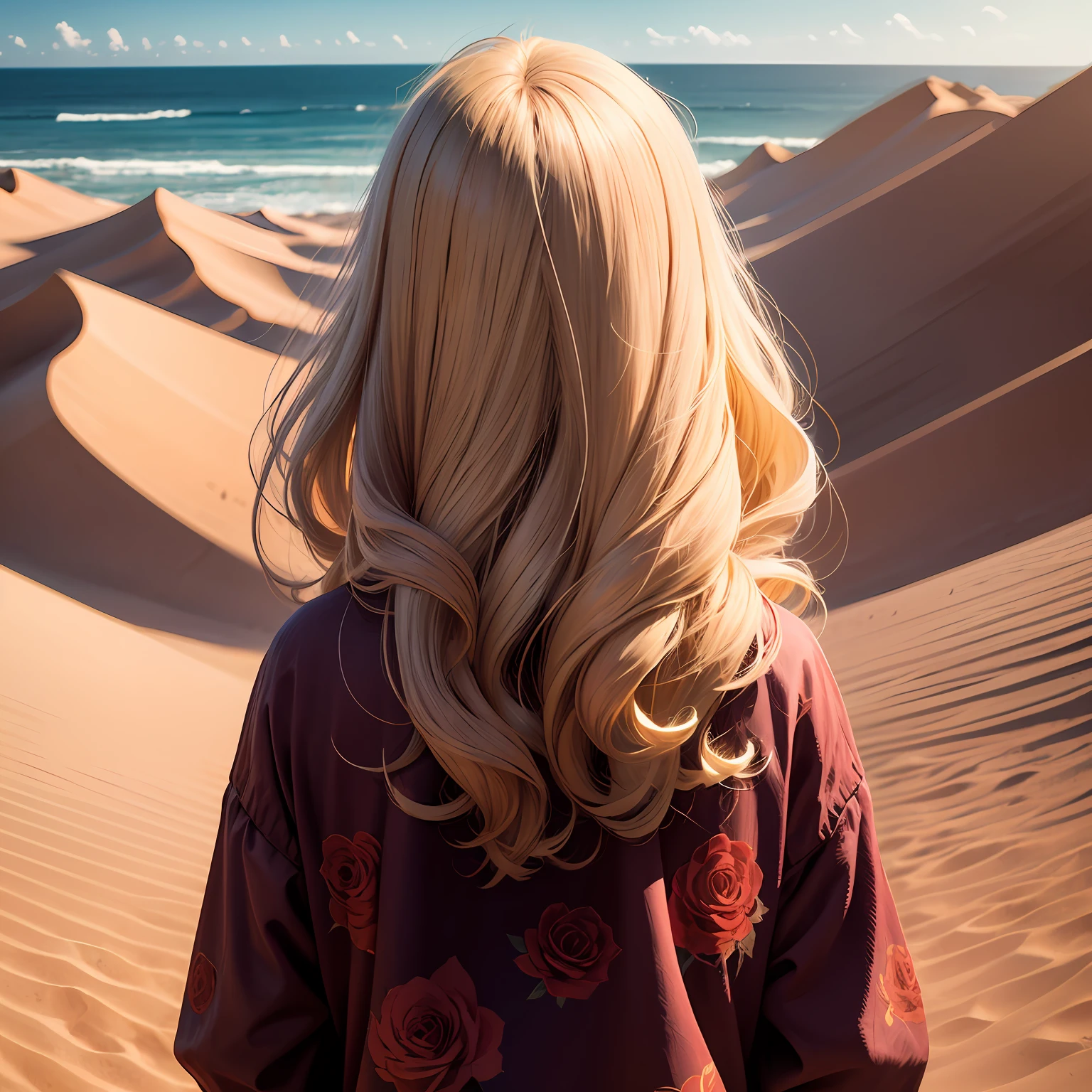 A blonde woman made of roses, I wish the woman's hair would be curlier and at the same time she was facing away from me. The woman is in the desert, but she can see the ocean in the distance. --auto