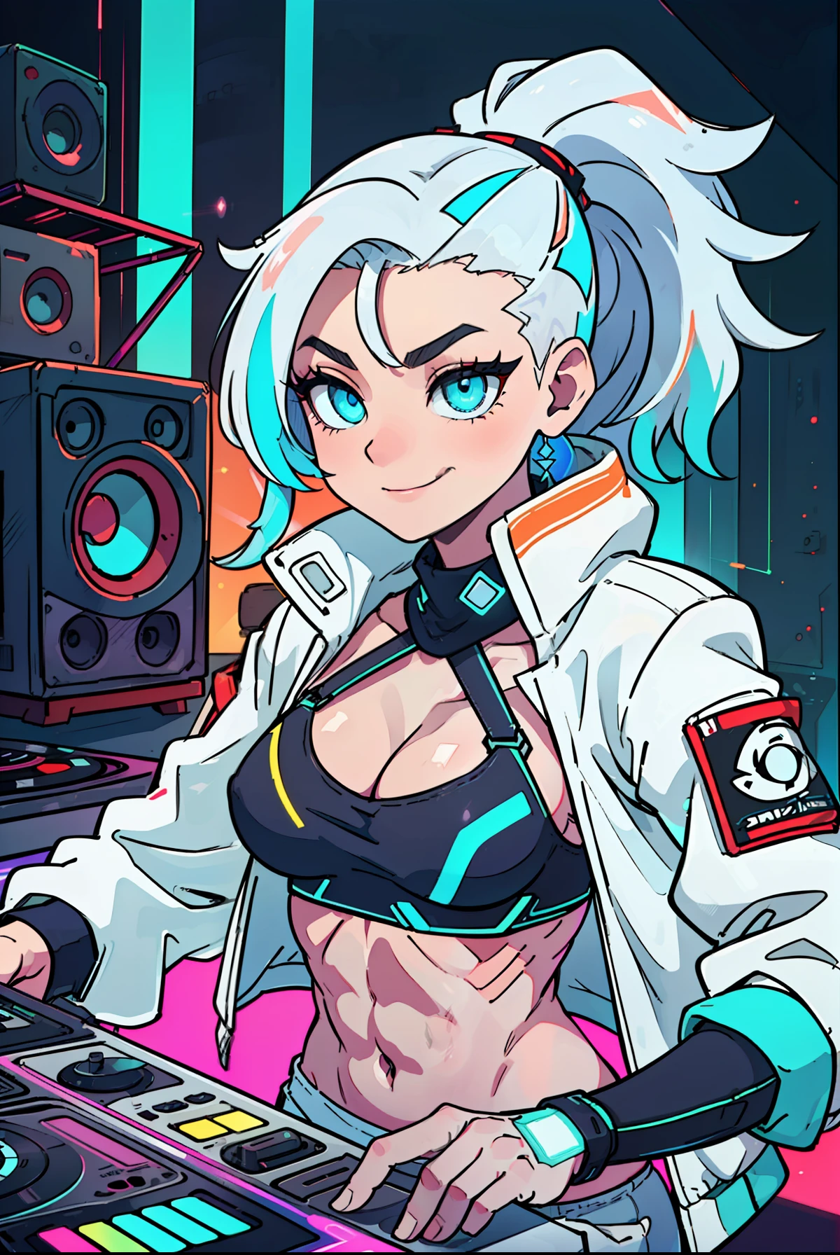 tomboy woman DJing on turntables on stage at EDM festival, EDM event lighting effects, on stage in front of crowd, giant futuristic screens in background, neon room, (white cropped jacket:1.1), (vivid glowing blue eyes:1.2), (white hair:1.2), (cyan streaks in hair:1.2), high ponytail, (cocky smirk:1.2), (abs:1.2), rave lights, (lasers in background:1.2), glowing light strips on clothes, slim build, looking at viewer, giant speakers in background, beautiful glossy reflective detailed eyes, (high leg panties:1.2), (white cargo pants:1.3), (thin straps over hip bones:1.3), (hip straps:1.3), (side shave:1.3), (undercut:1.2), defined hip bones, cleavage, lean