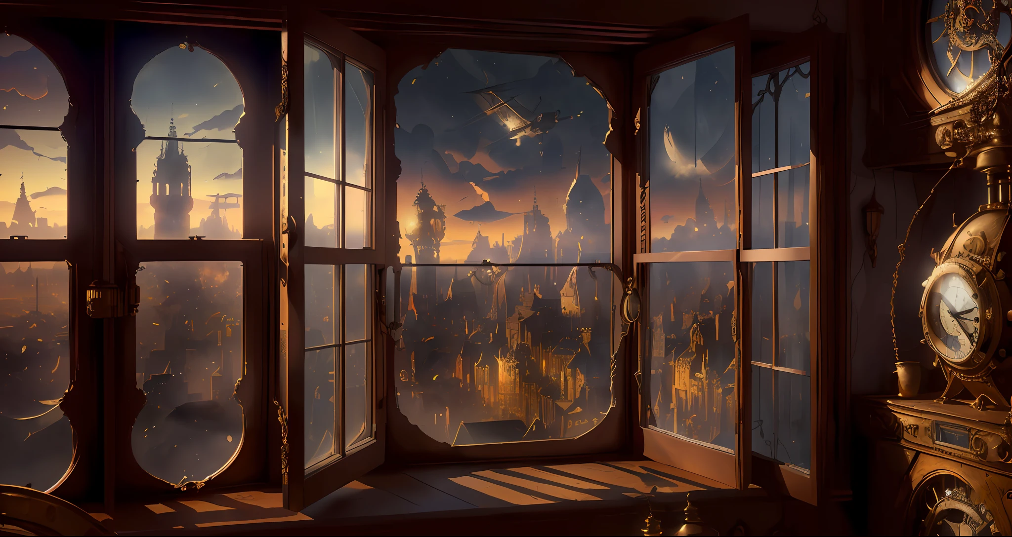 There is a ((large open window)). Through the window is a highly detailed and ultra-realistic steampunk cityscape. The cityscape has beautiful and ornate steampunk structures, flying dirigibles, and interesting clocks. Including flying airships. The sky should have watercolor colors. Saturated colors, fantasy style, dramatic shadows, depth of field, atmospheric lighting, hires CGI render unity unreal engine style, storybook, 8k, camera: ((the window is the focal point of the image)), (((the window should always be centered in frame))), (((the steampunk cityscape is the main point of this image))), ((((very saturated colors)))), ((((very rich colors))))