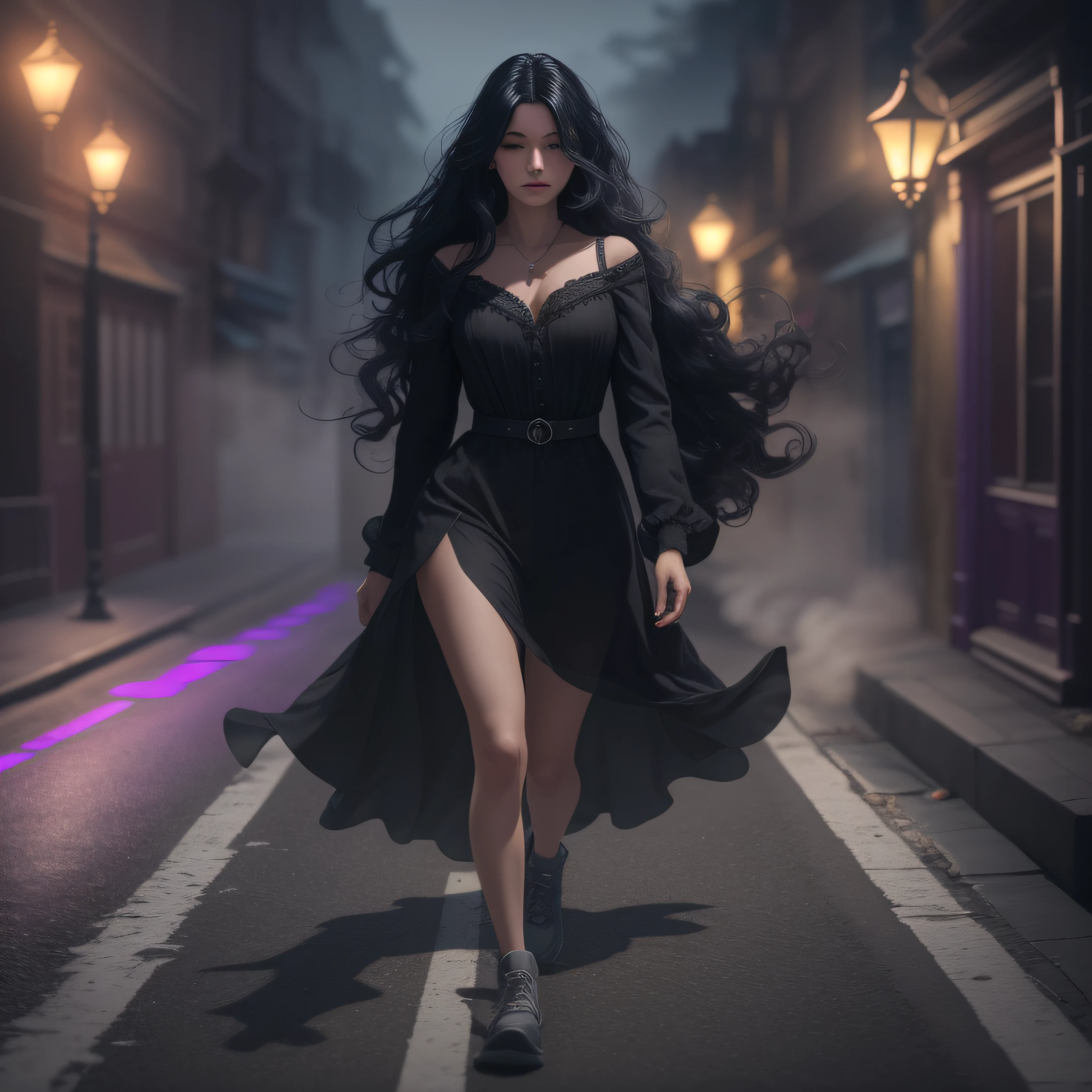 Woman walking head-on down a road at night, with fog and shadows, wavy and long black hair, detailed hand and fingers, high quality, ultra-detailed, 8k, masterpiece, (volumetric lighting), black magic, fanciful, lilac colors, purple, black and vivid shadows on the woman's return. --auto --s2