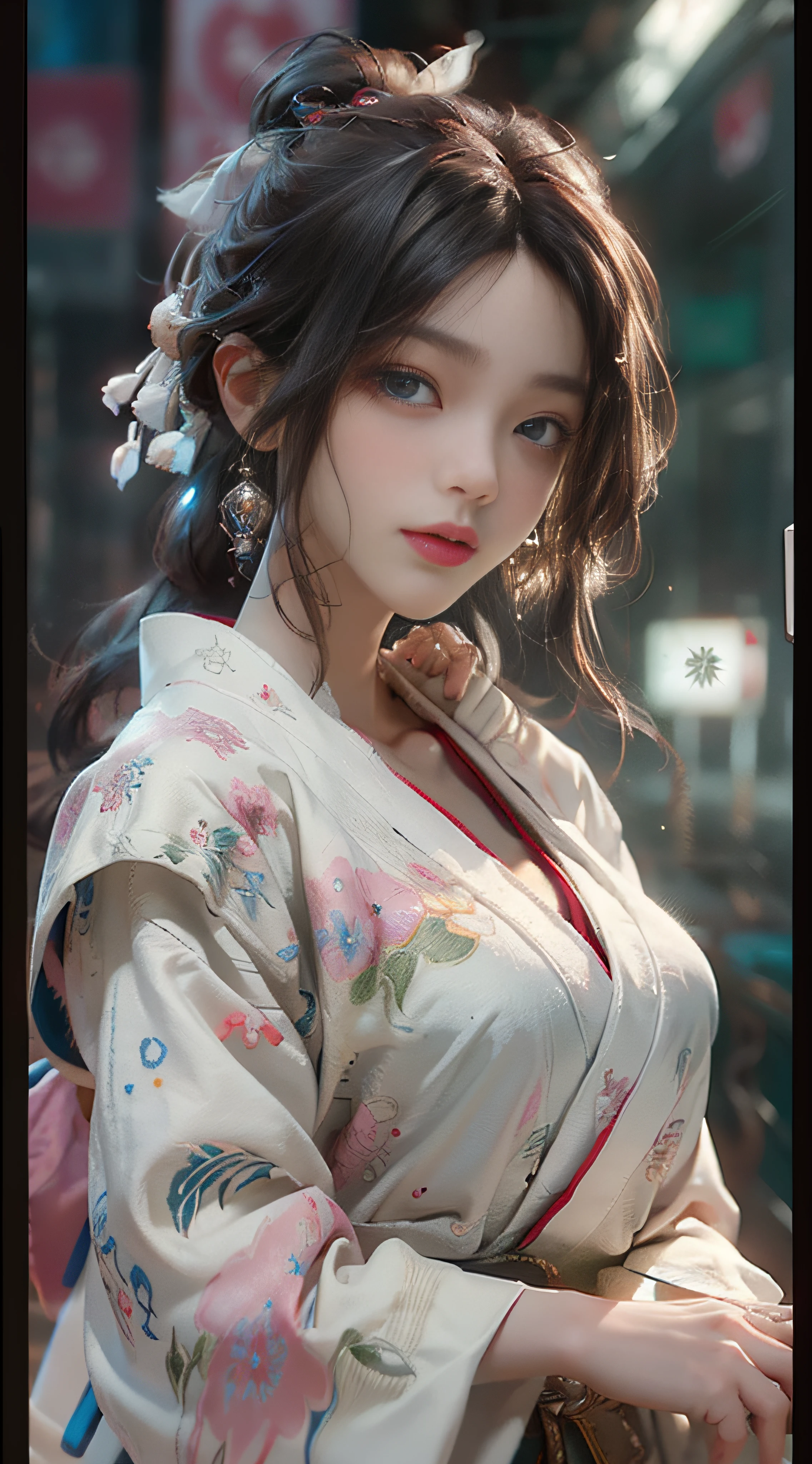 ((best best quality)), ((MasterPiece)), (Detail:1.4), 3D, A beautiful cyberpunk female image,HDR(high dynamic range),RayTrace,nvidia rtx,The ultra-Resolution,Unreal 5,Subsurface scattering、pbr texturing、postprocessing、Anisotropic Filtering、depth offield、Maximum Clarity and Clarity、Many-Layer Textures、Albedo and Specular map、Surface coloring、Mitsu-Accurate simulation of material interactions、Perfect Scale、octanerendering、Two-colored light、large aperture、low ISO、white balance、Rule of Thirds、8K RAW、beautiful bright pupils,flowing robe,Fine pupils,Detailed face and eyes,Long Lashes,Blushlush,voluminous hair,Tender red lips