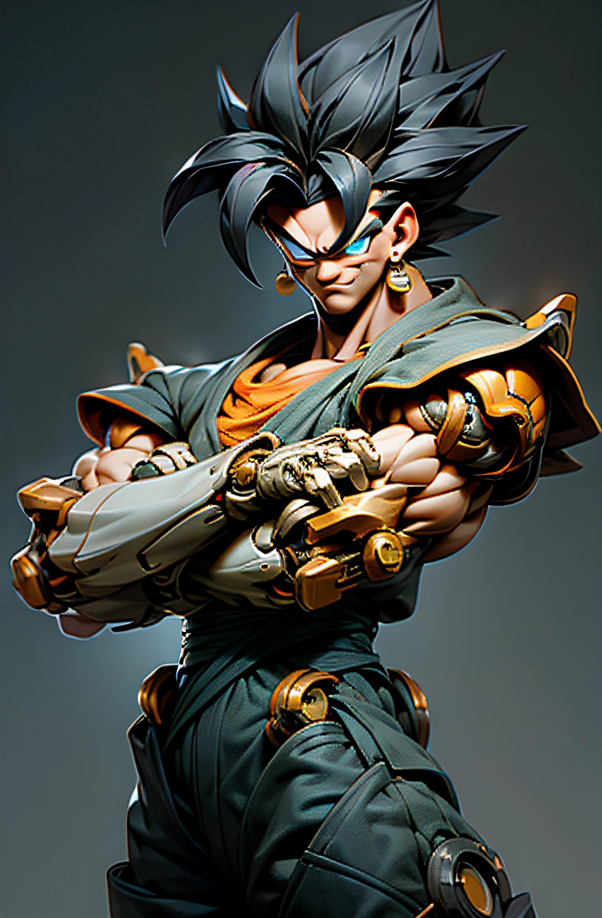 (masterpiece, best quality: 1.2), cowboy shooting, strong, muscular, solo, male approach, 1boy, vegetto, smile, looking at the viewer, crossed arms, black hair, spiked hair, blue eyes, dougi, white gloves, pectorals, desert background, levitating stones. Dark_Fantasy, Cyberpunk,, 1man, mechanical wonder, robotic presence, cybernetic guardian,