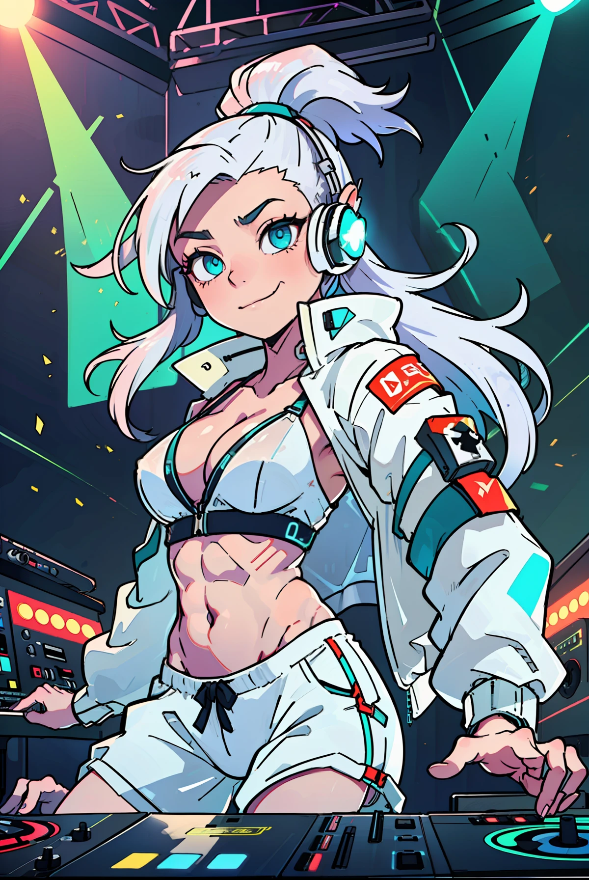 (tomboy woman DJing on turntables on stage at EDM festival:1.3), EDM event lighting effects, on stage in front of crowd, giant futuristic screens in background, neon room, (white cropped jacket:1.1), (vivid glowing blue eyes:1.2), (white hair:1.2), (cyan streaks in hair:1.2), high ponytail, (cocky smirk:1.2), (abs:1.2), rave lights, (lasers in background:1.2), glowing light strips on clothes, slim build, looking at viewer, giant speakers in background, beautiful glossy reflective detailed eyes, (high leg panties:1.2), (white cargo pants:1.3), (thin straps over hip bones:1.3), (hip straps:1.3), (side shave:1.3), (undercut:1.2), defined hip bones, cleavage, lean