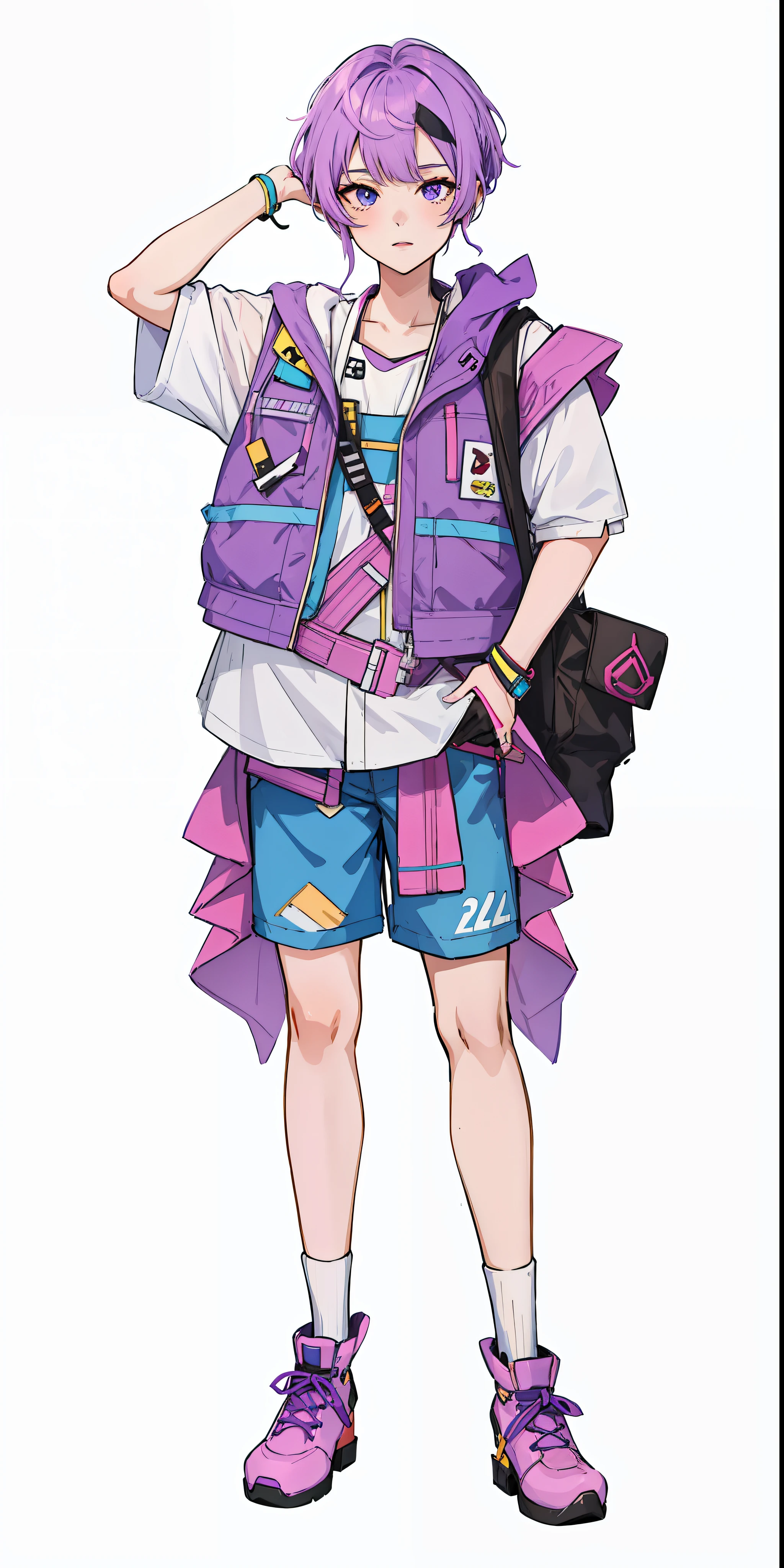 a cartoon image of a person with purple hair and a purple vest, !!full body portrait!!, anime vtuber full body model, live2d virtual youtuber model, style anime, high quality anime artstyle, single character full body, anime full body illustration, highly detailed full body, full body portrait of a short!, girls frontline style, clear outfit design