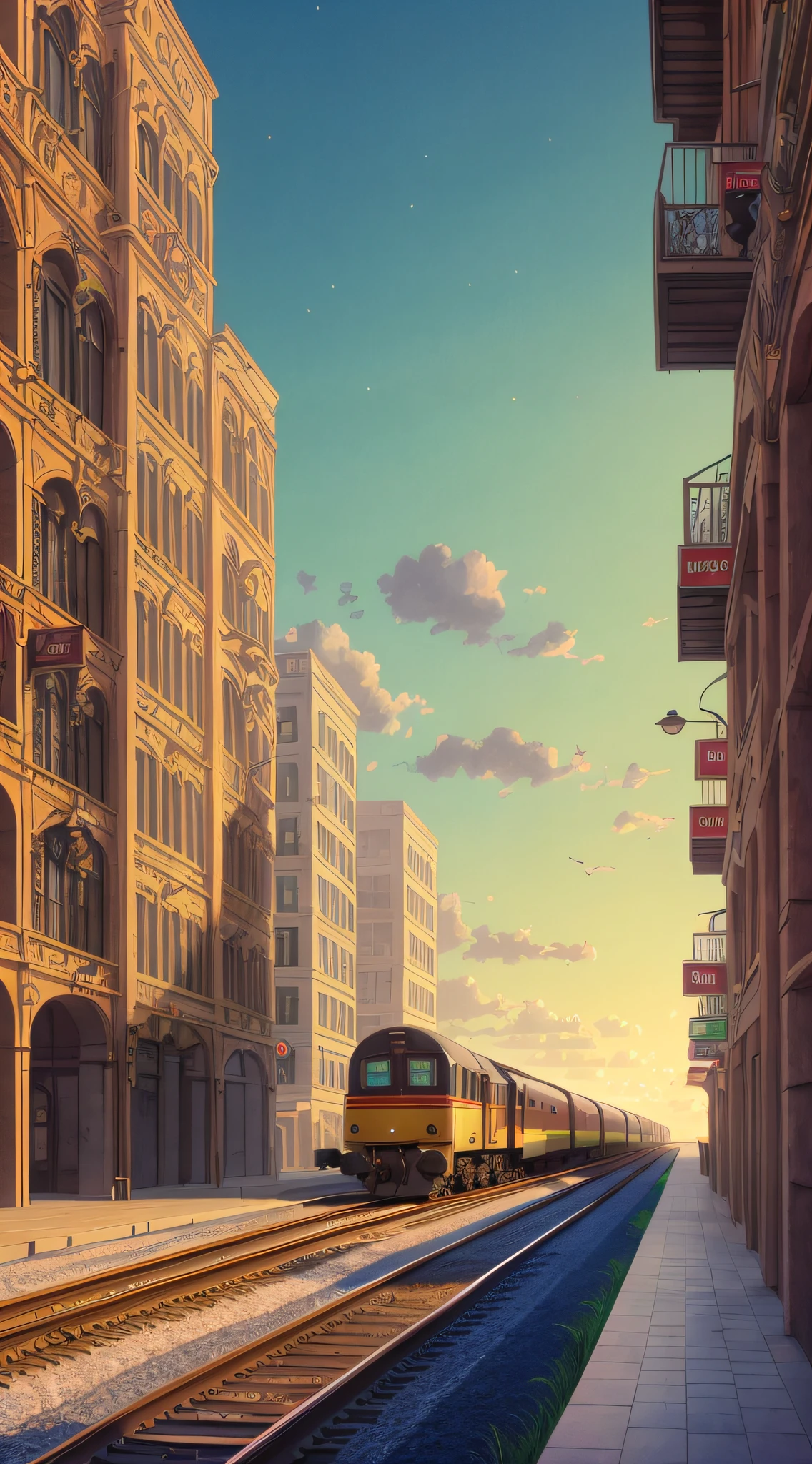 Arafin train on tracks with city in background, Colombo Sri Lanka cityscape, trains, Kuala Lumpur, Jakarta, 4 0 9 6, South Jakarta, City morning, Train in the background, railway, Sydney Central Station, early morning sunrise, metro, railway, Early morning, skyline showing, Early morning, beautiful morning, professionally, TORON, Surrealism, American propaganda poster, high detail, Surrealism, rococo style, high detail, chiaroscuro, cinematic lighting, sparkle, Fujicolor, textured skin, highres, best quality, 8k, UHD, retina, masterpiece, ccurate, anatomically correct, super detail, high details, high quality, award winning, best quality, highres, 8k --auto
