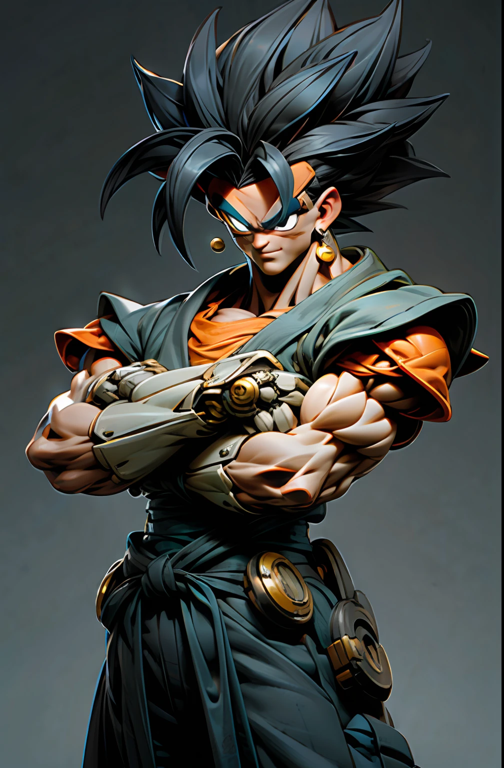 (masterpiece, best quality: 1.2), cowboy shooting, strong, muscular, solo, male approach, 1boy, vegetto, smile, looking at the viewer, crossed arms, black hair, spiked hair, blue eyes, dougi, white gloves, pectorals, desert background, levitating stones. Dark_Fantasy, Cyberpunk,, 1man, mechanical wonder, robotic presence, cybernetic guardian,