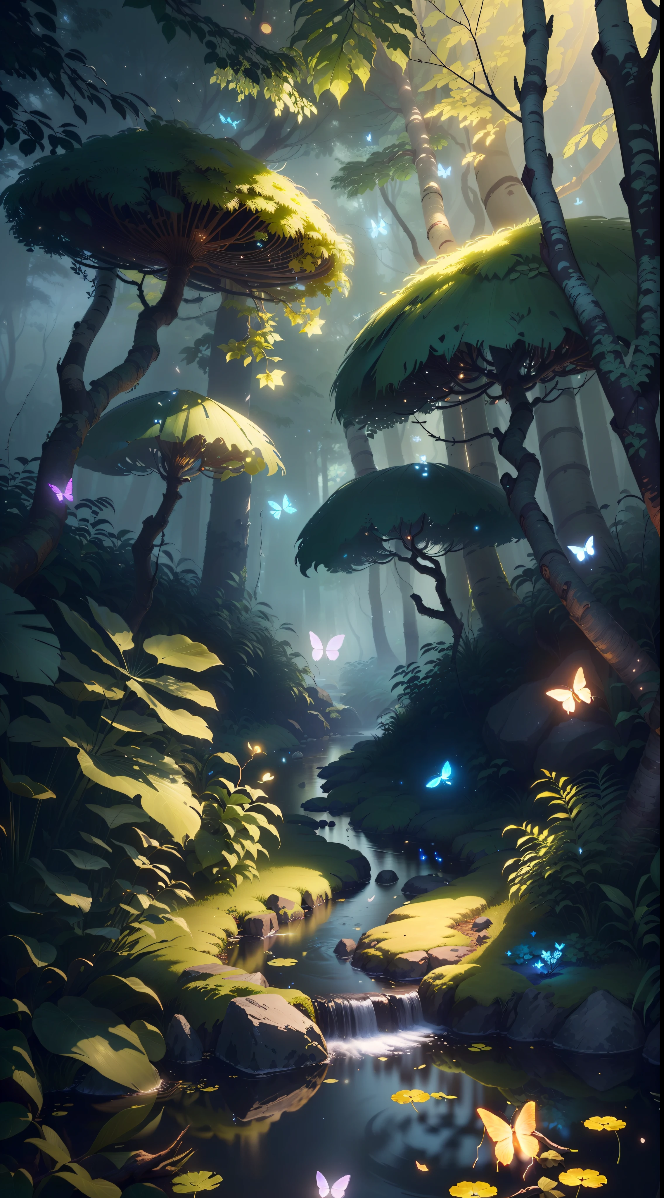 A masterpiece, the best quality, stunning reflections, the best reflections ever. (very detailed CG unity 8k wallpapers), (best quality), (best illustrations), (best shadows), forest theme with natural elements. Tall trees, quiet streams, small glowing mushrooms surrounded by delicate leaves and branches, with fireflies and glowing particle effects,, (natural elements), (jungle theme), (leaves), (twigs), (fireflies), butterflies, (delicate leaves), (glow), (particle effects). , Isometric 3D, Octane Rendering, Ray Traced, Super Detailed