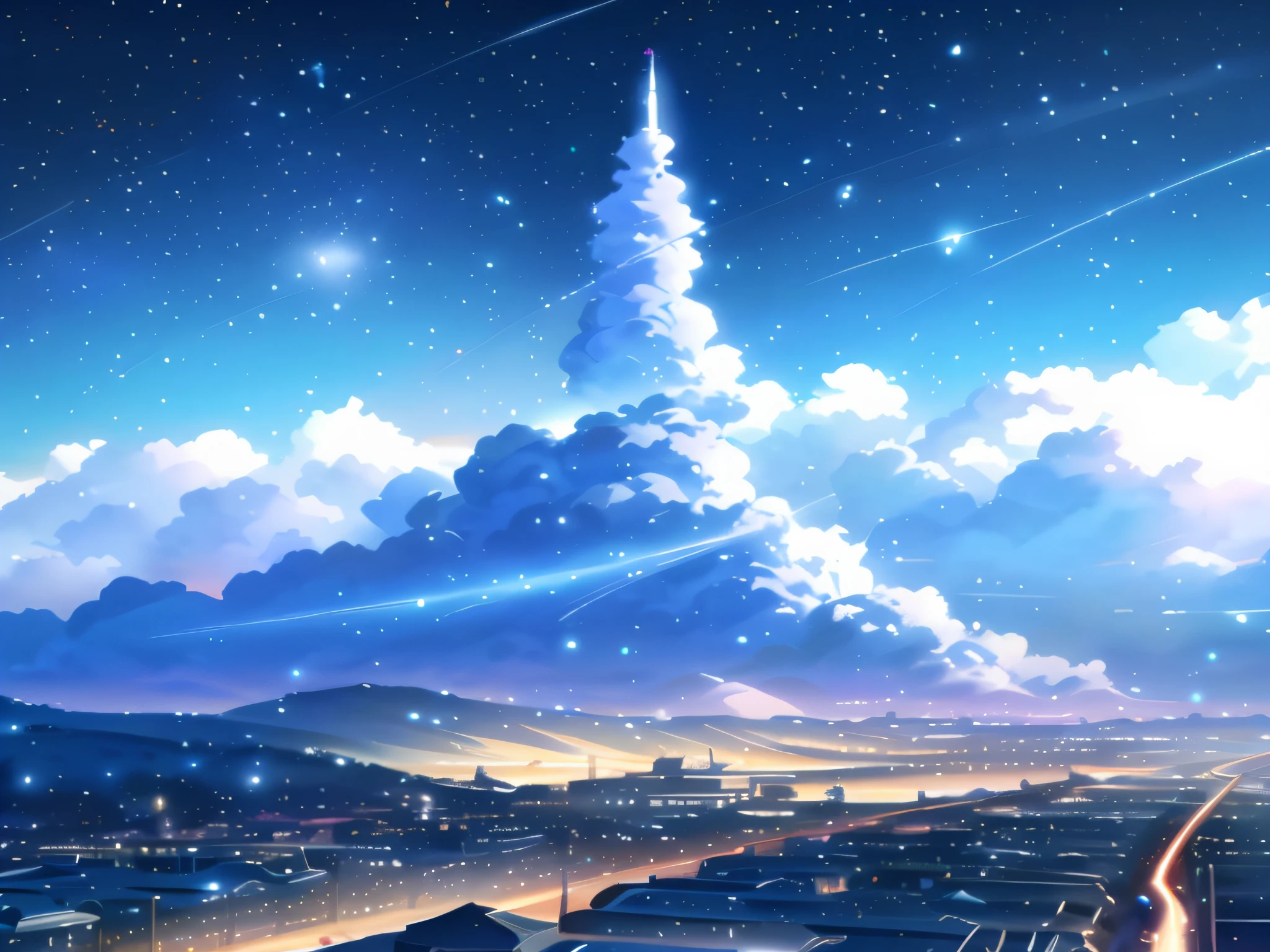 Anime scenery of city with a tall tower in the distance, 8k anime wallpaper, anime art wallpaper 8k, anime art wallpaper 8k, anime landscape wallpaper, anime wallpaper 8k, anime wallpaper 8k, anime background art, anime background, anime art wallpaper 8k, anime style, cosmic sky. Author: Makoto Shinkai