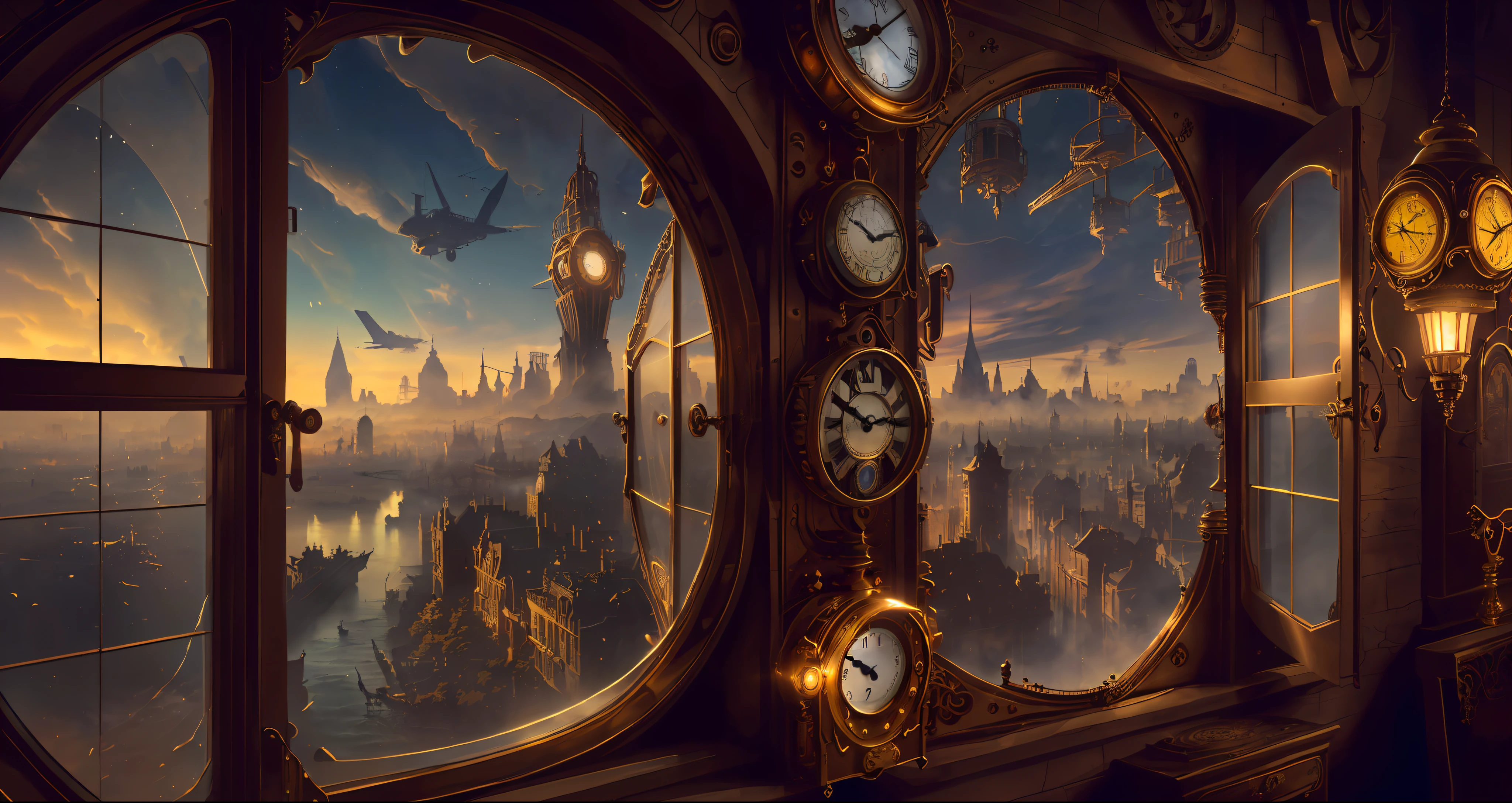There is a ((large open window)). Through the window is a highly detailed and ultra-realistic steampunk cityscape. The cityscape has beautiful and ornate steampunk structures, flying dirigibles, and interesting clocks. Including flying airships. The sky should have watercolor colors. Saturated colors, fantasy style, dramatic shadows, depth of field, atmospheric lighting, hires CGI render unity unreal engine style, storybook, 8k, camera: ((the window is the focal point of the image)), (((the window should always be centered in frame))), (((the steampunk cityscape is the main point of this image)))